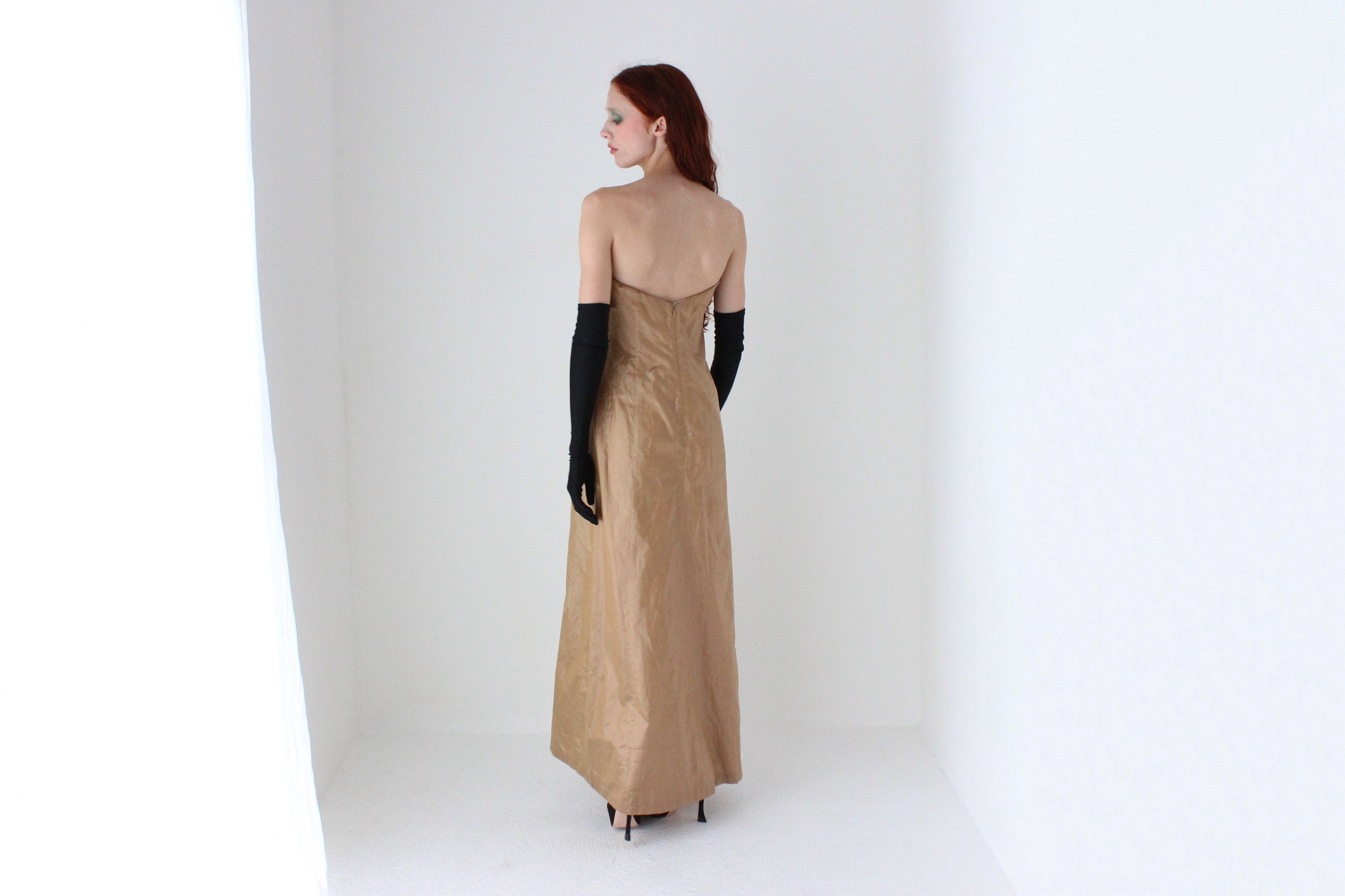 Y2K Lisa Ho Raw Silk Strapless Full Length Gold Formal Gown