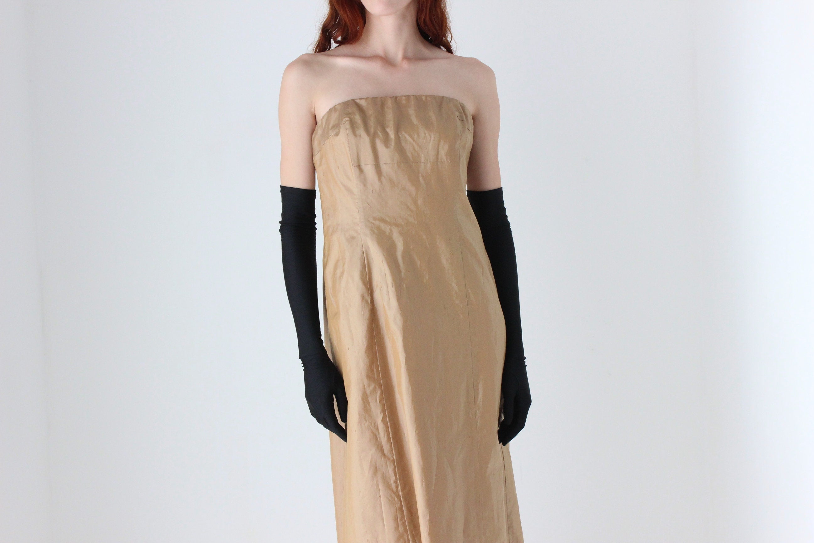 Y2K Lisa Ho Raw Silk Strapless Full Length Gold Formal Gown