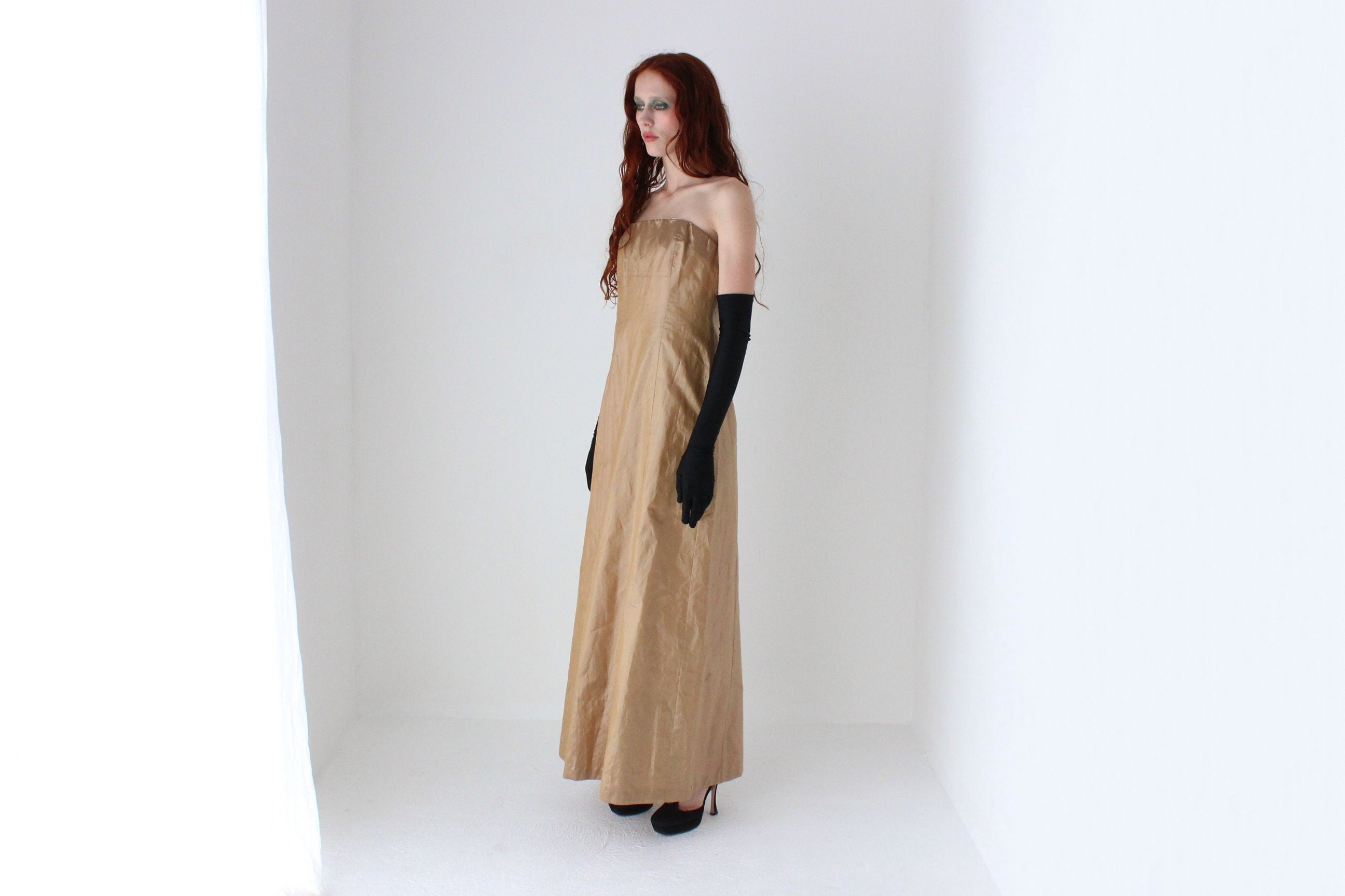 Y2K Lisa Ho Raw Silk Strapless Full Length Gold Formal Gown