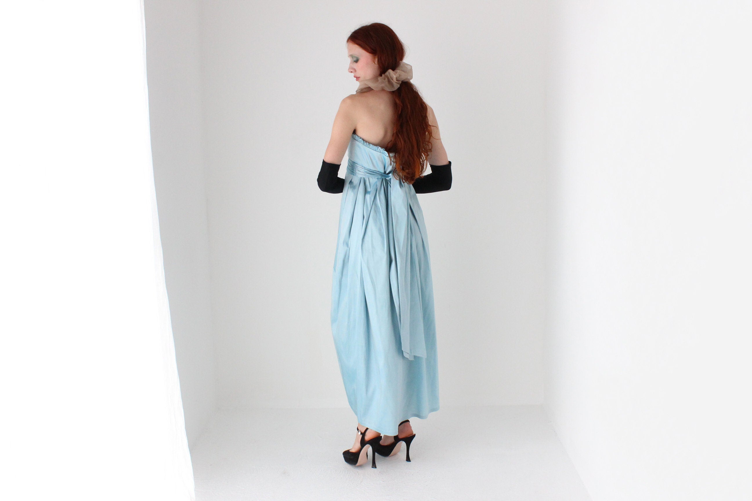 Romantic 80s Raw Silk Strapless Empire Waist Evening Dress