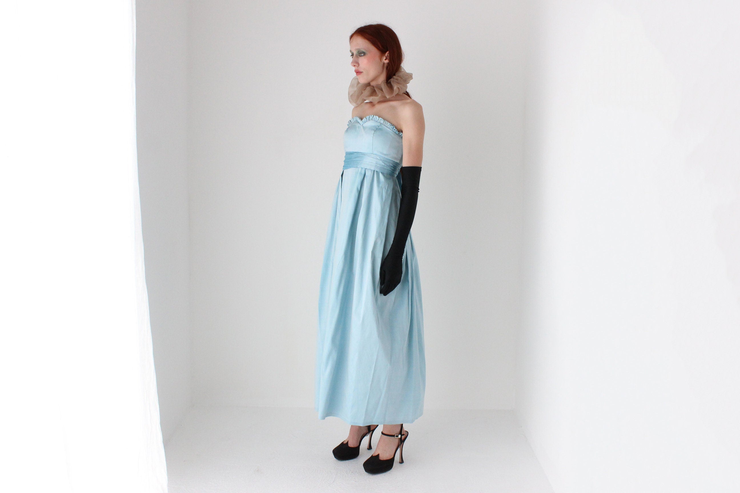 Romantic 80s Raw Silk Strapless Empire Waist Evening Dress