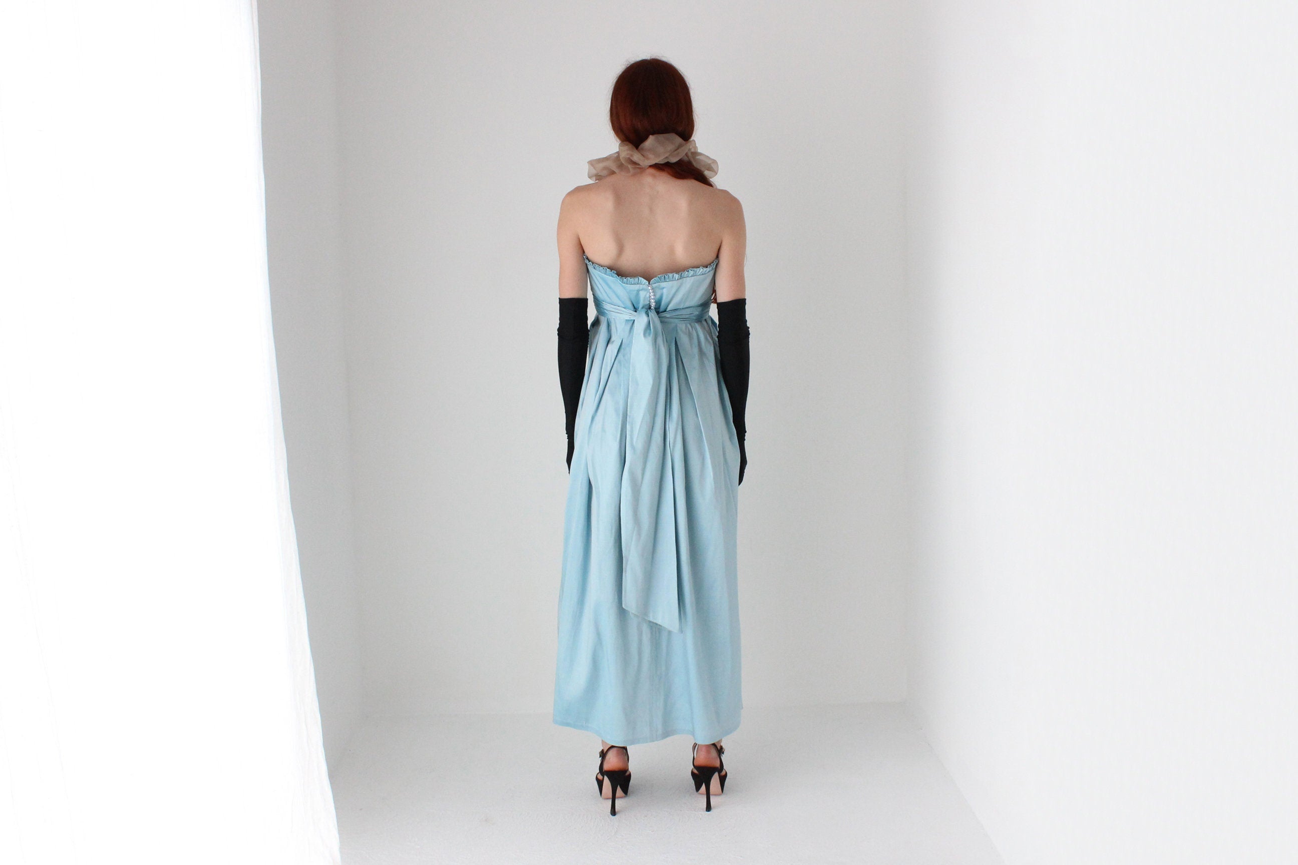 Romantic 80s Raw Silk Strapless Empire Waist Evening Dress