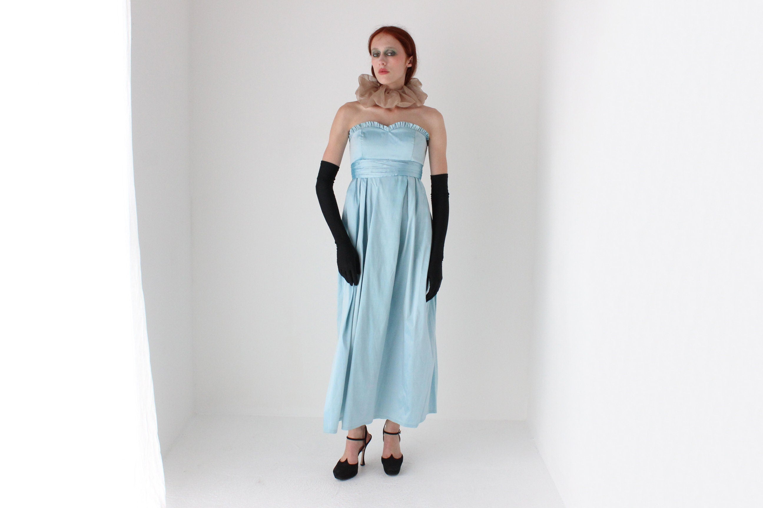 Romantic 80s Raw Silk Strapless Empire Waist Evening Dress