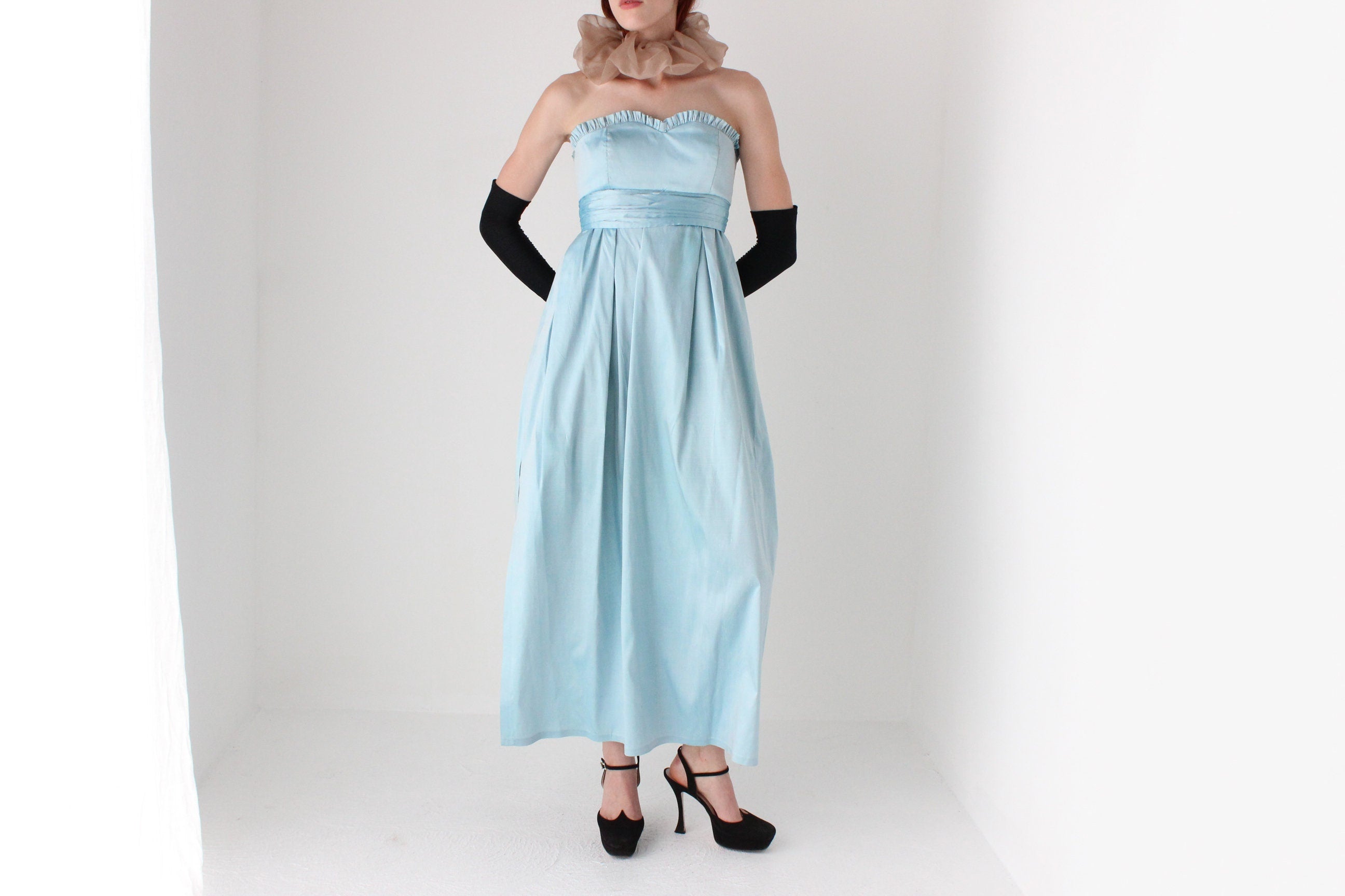 Romantic 80s Raw Silk Strapless Empire Waist Evening Dress