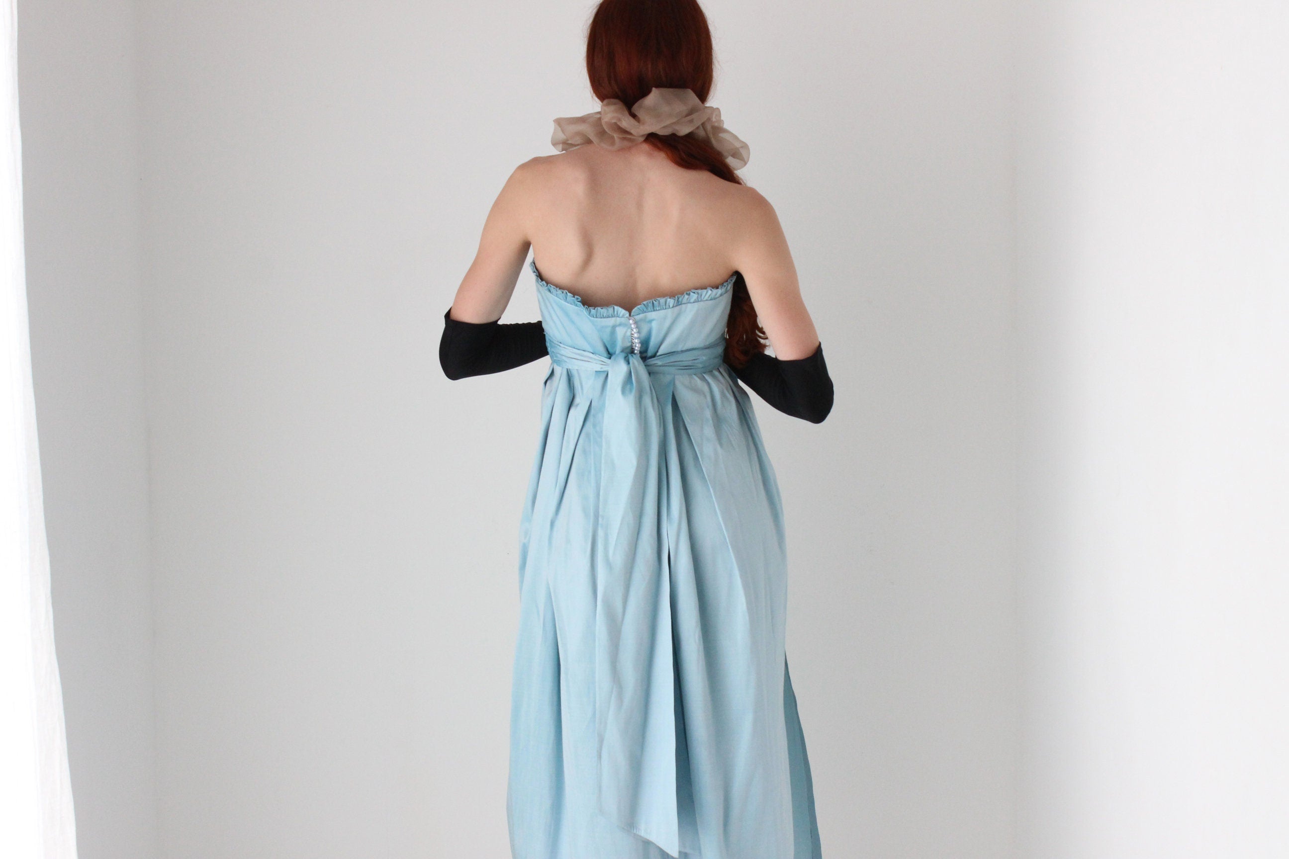 Romantic 80s Raw Silk Strapless Empire Waist Evening Dress