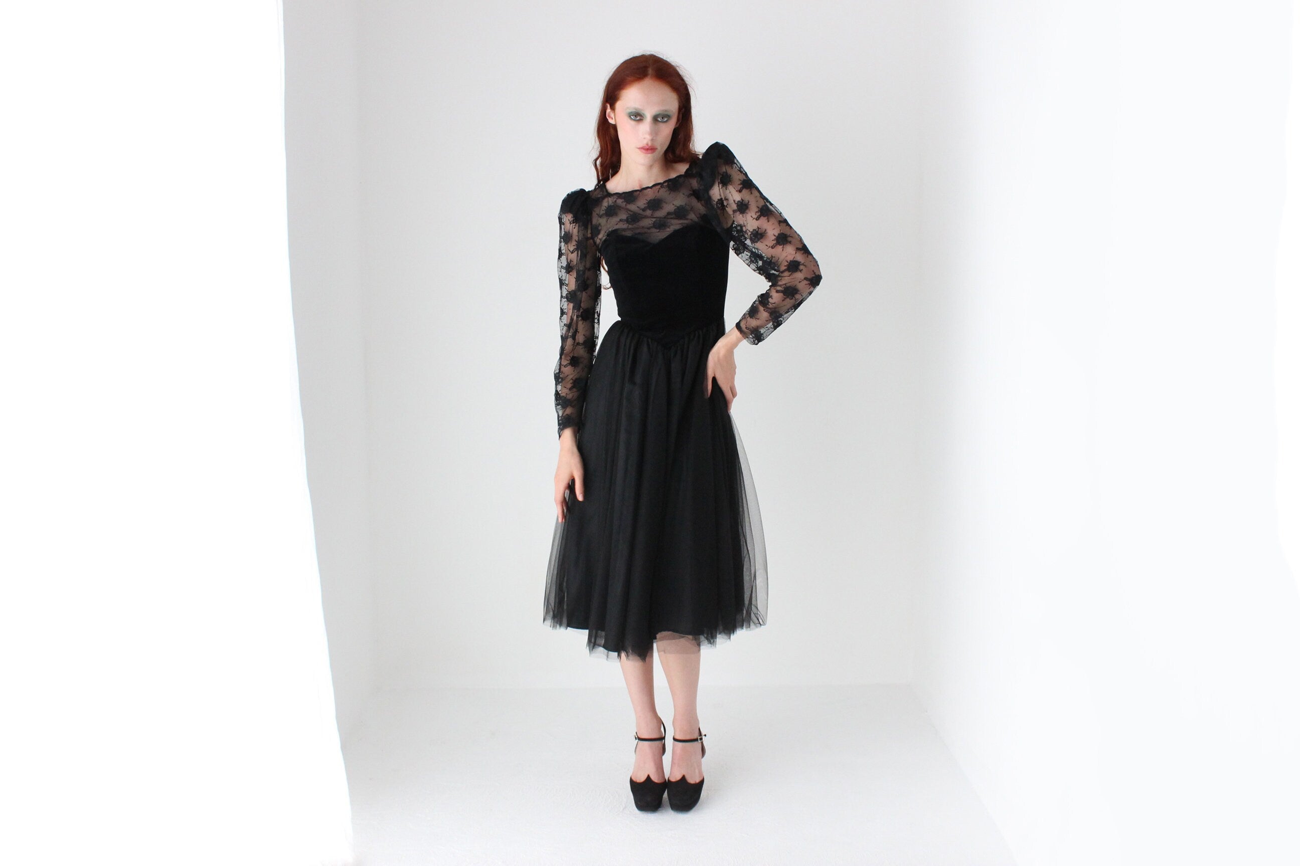 80s Sheer Black Lace, Velvet, Tulle & Taffeta Party Dress