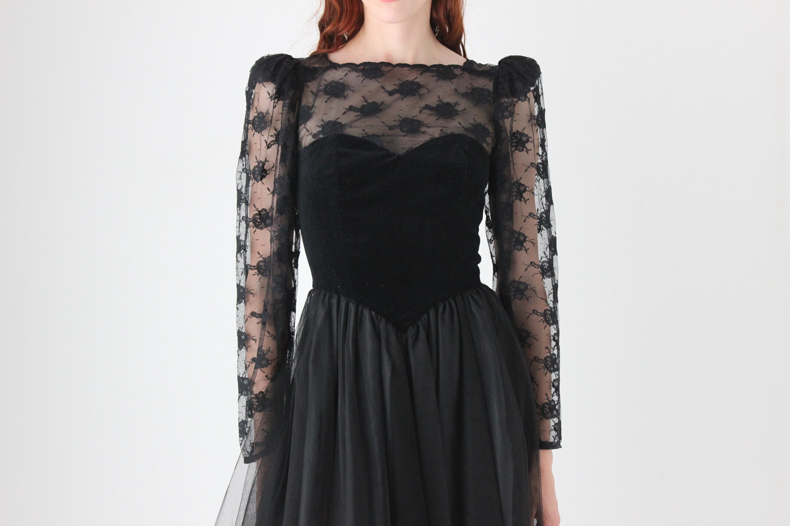 80s Sheer Black Lace, Velvet, Tulle & Taffeta Party Dress