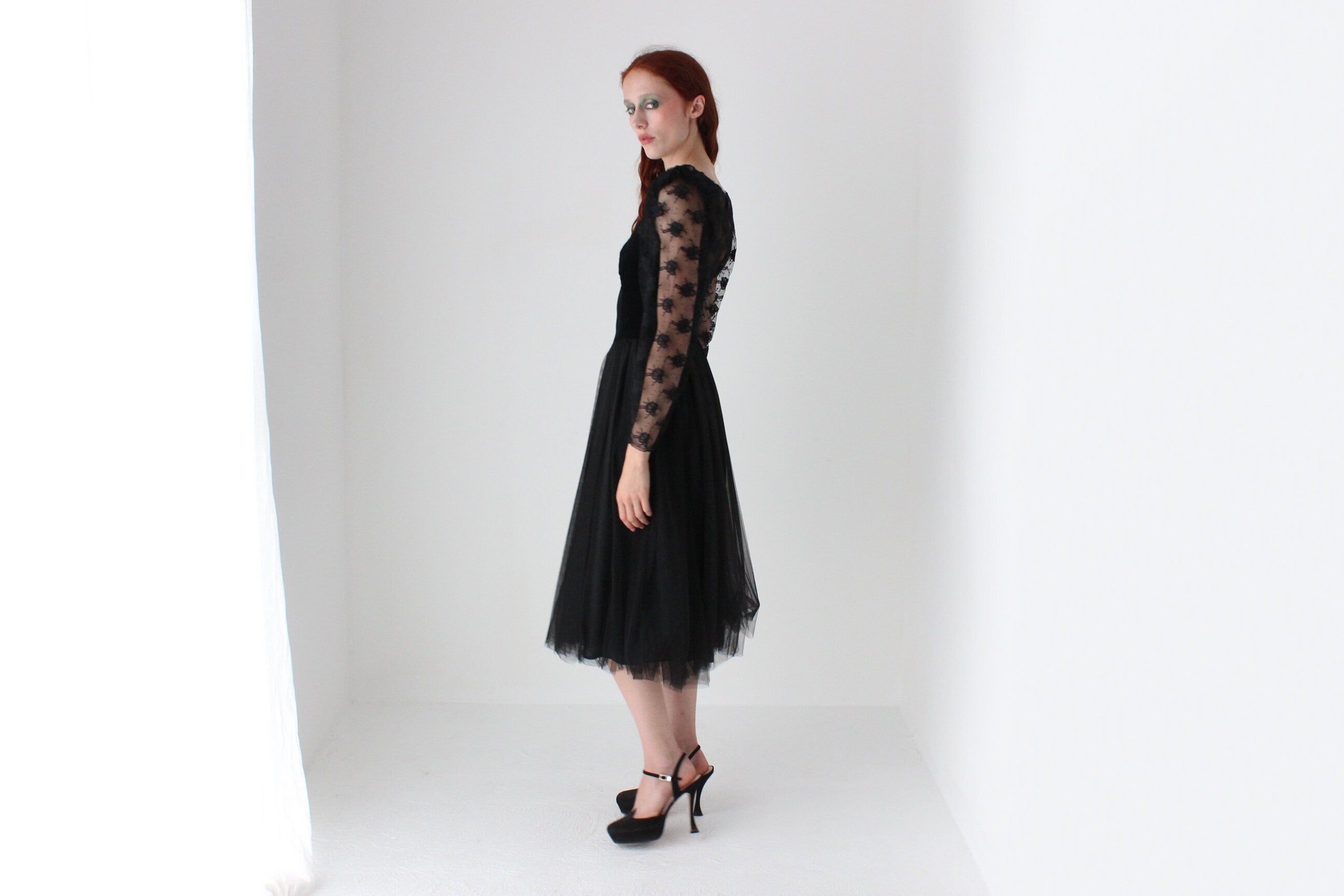 80s Sheer Black Lace, Velvet, Tulle & Taffeta Party Dress