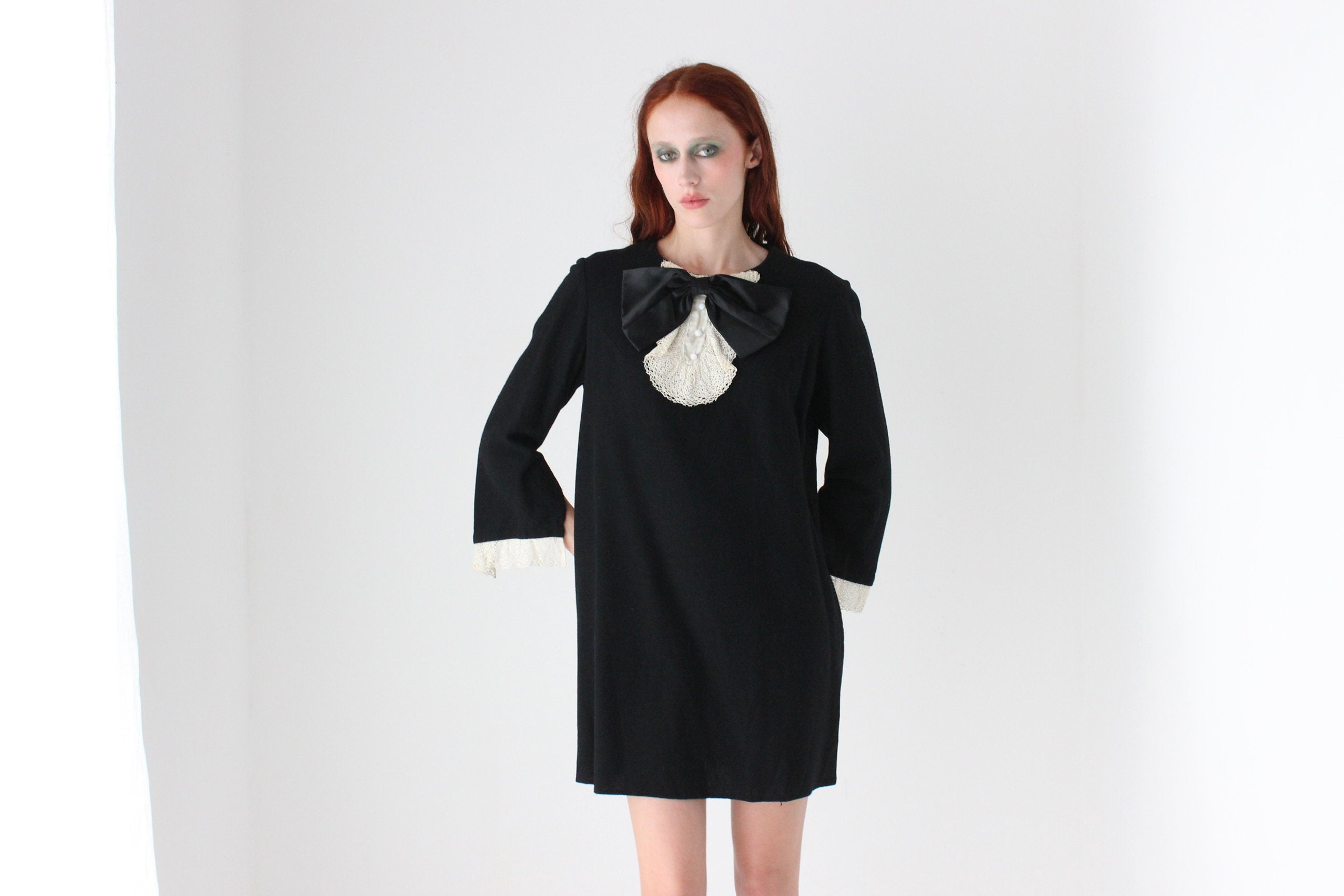 60s Tuxedo Bow & Lace Ruffle Dress