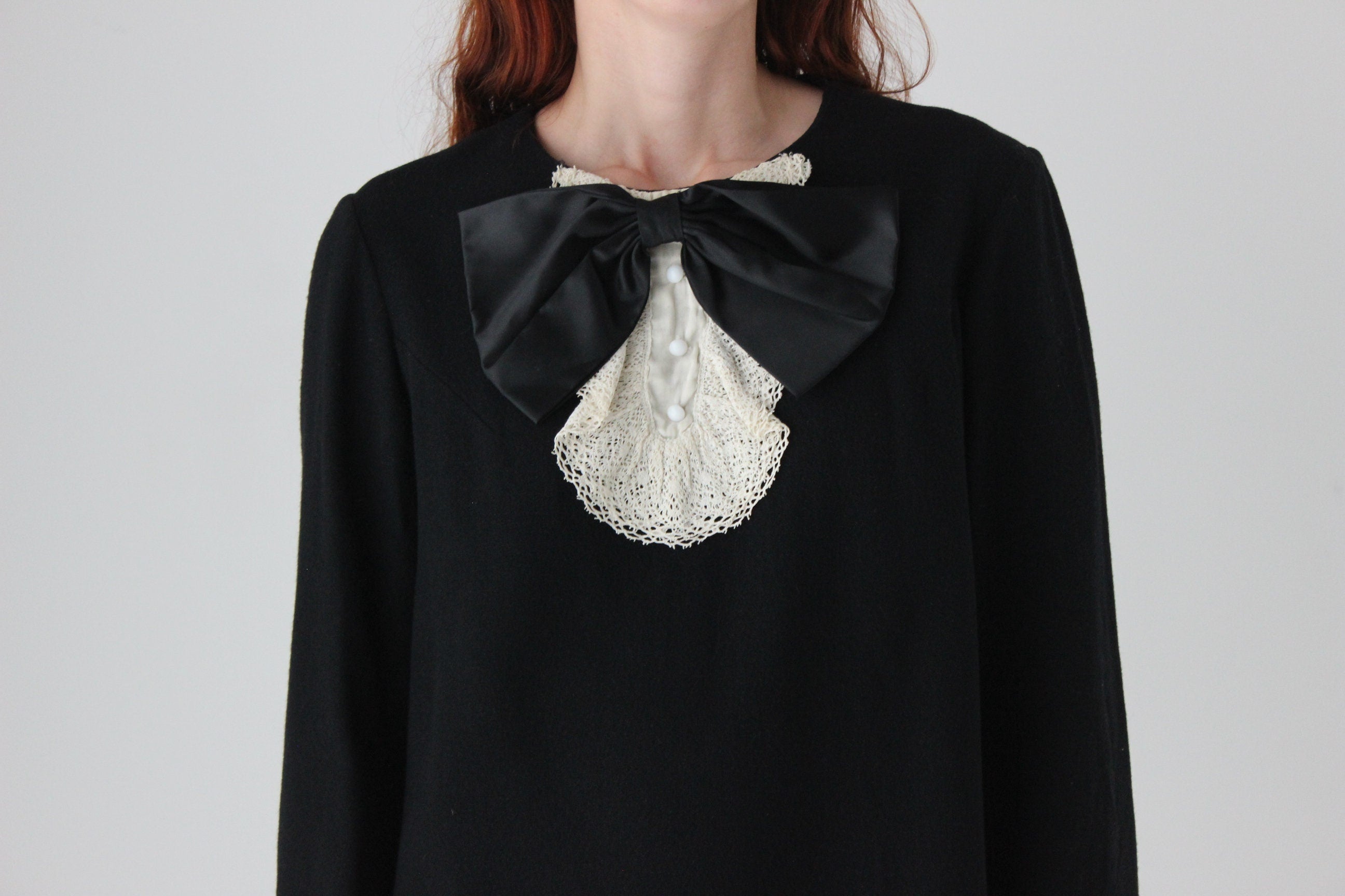 60s Tuxedo Bow & Lace Ruffle Dress