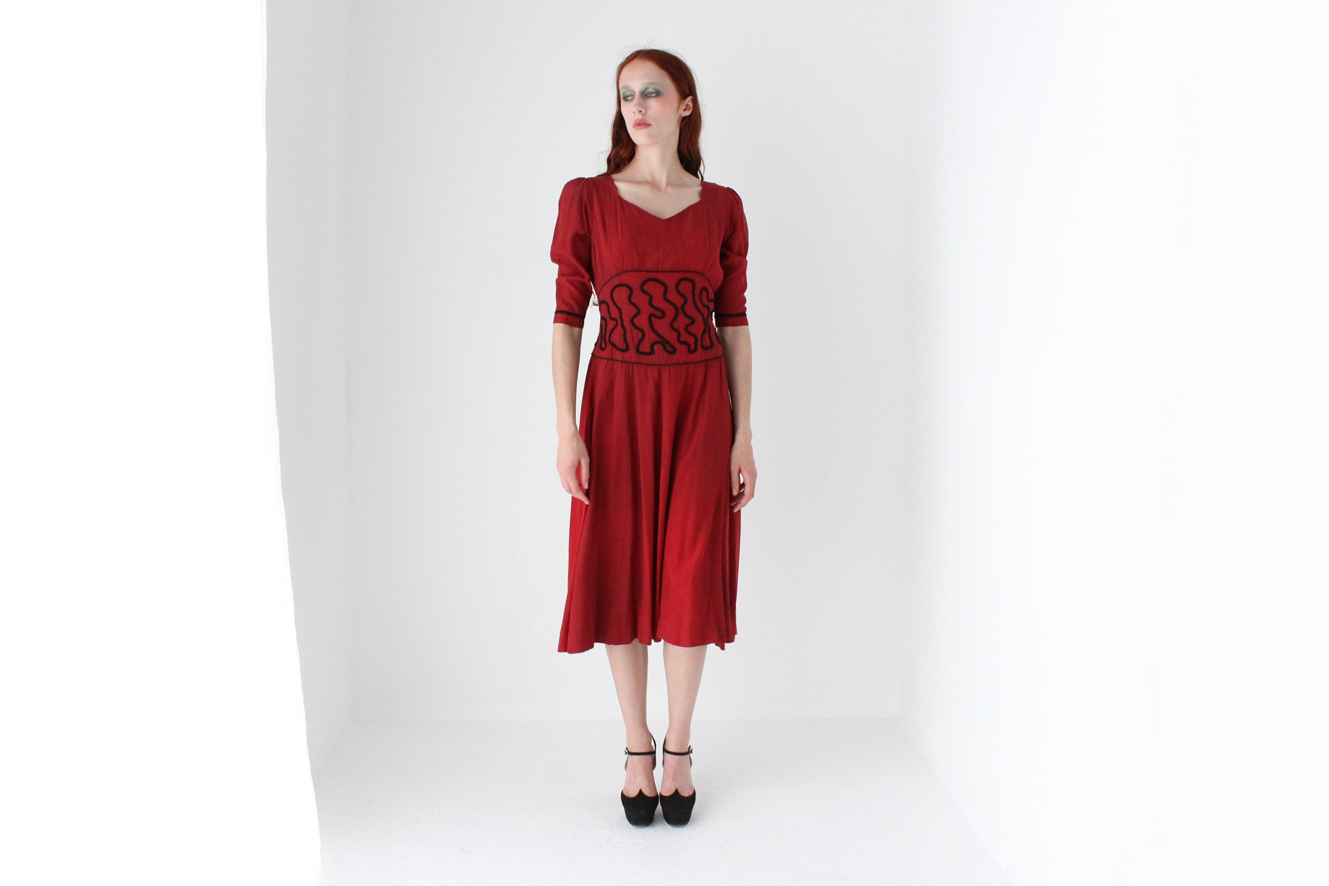 1940s Dyed Red Silk Dress w/ Embroidered Waist