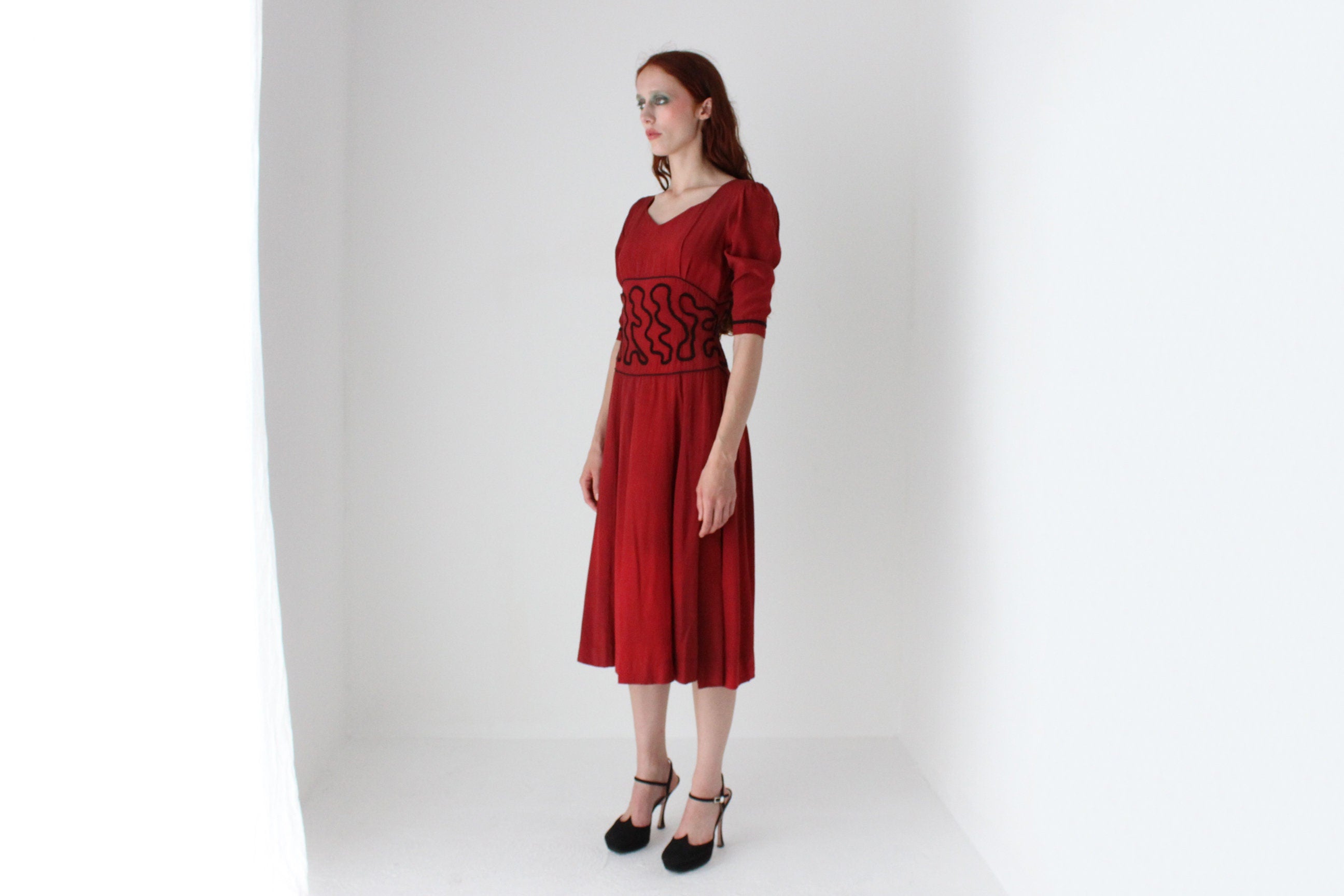 1940s Dyed Red Silk Dress w/ Embroidered Waist