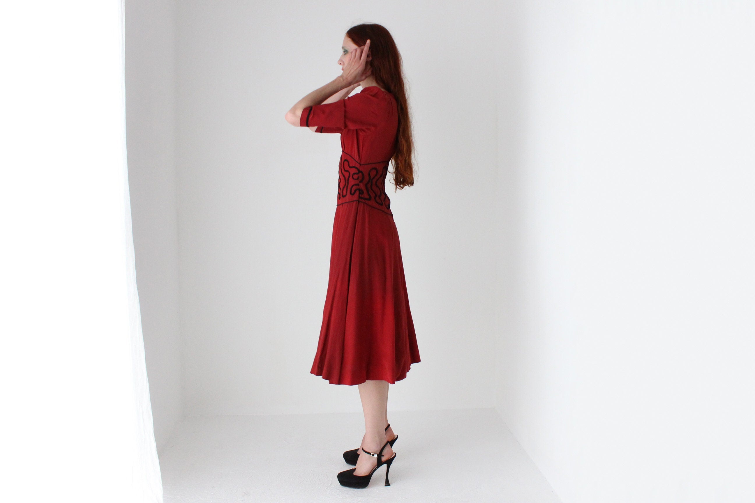 1940s Dyed Red Silk Dress w/ Embroidered Waist