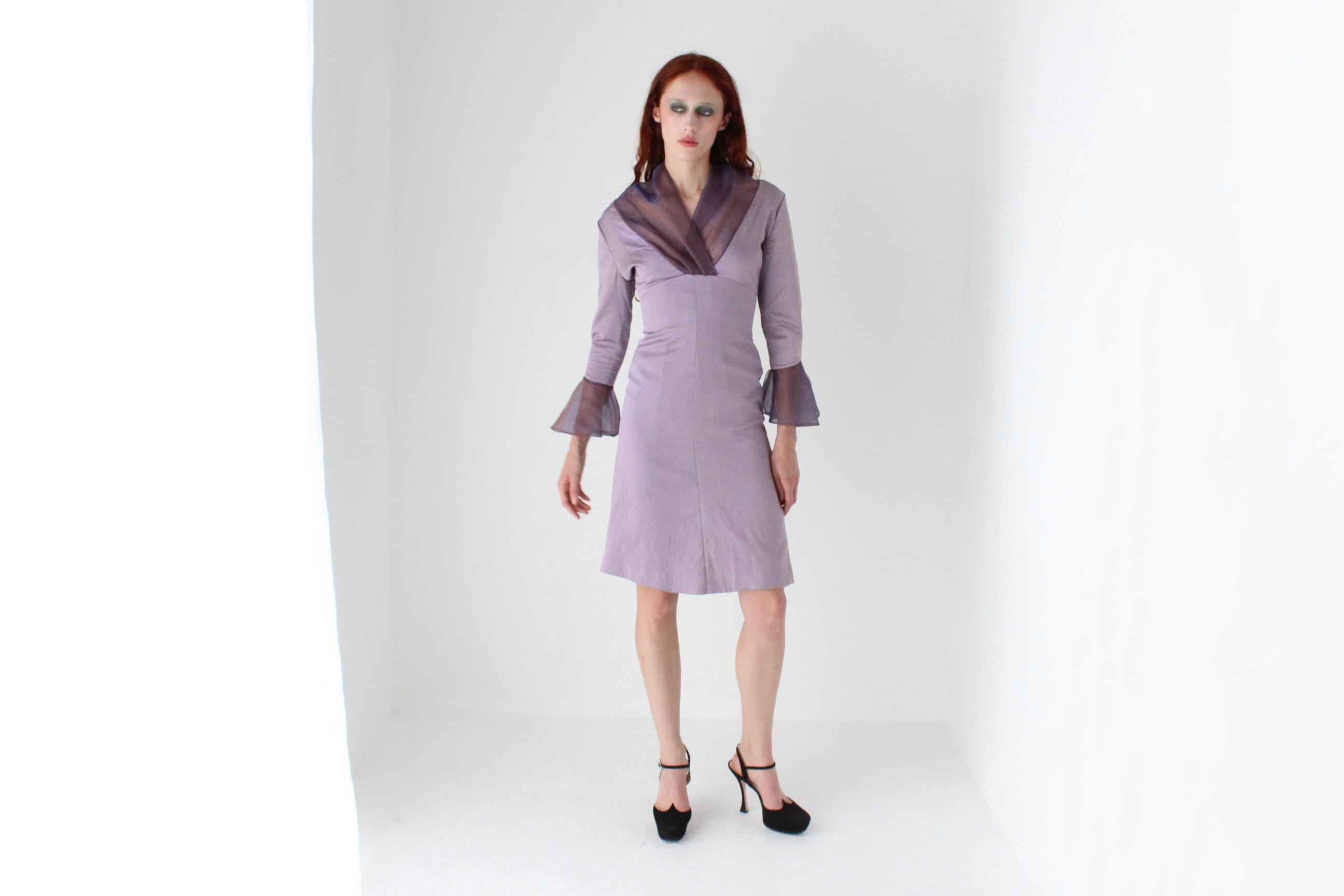 Handmade 80s Raw Silk Long Sleeve Dress w/ Organza Collar and Frill Sleeves