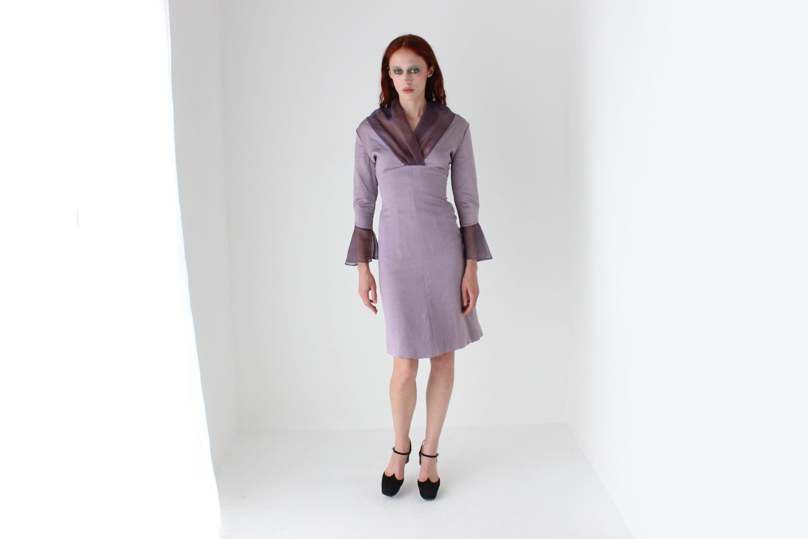 Handmade 80s Raw Silk Long Sleeve Dress w/ Organza Collar and Frill Sleeves