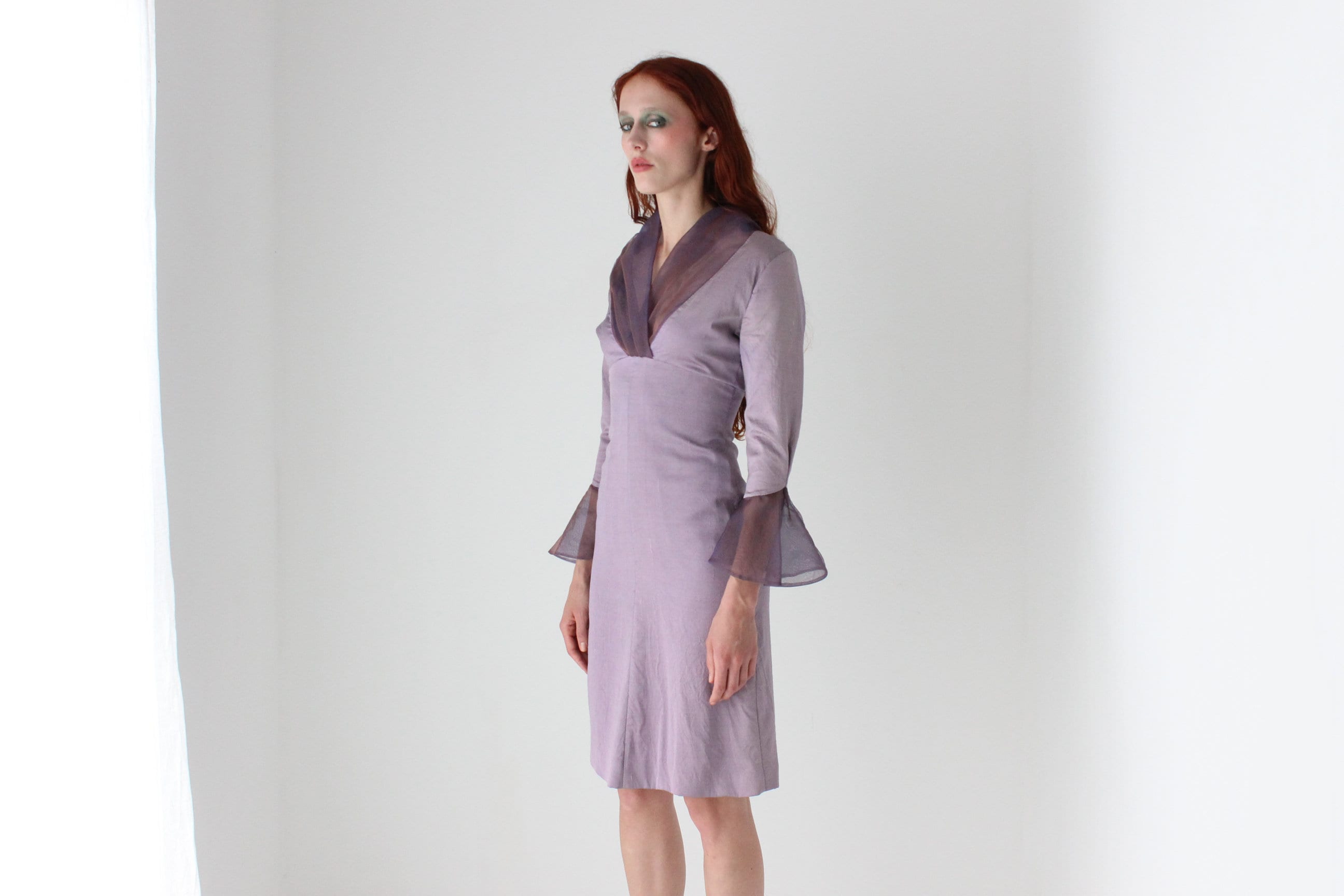 Handmade 80s Raw Silk Long Sleeve Dress w/ Organza Collar and Frill Sleeves