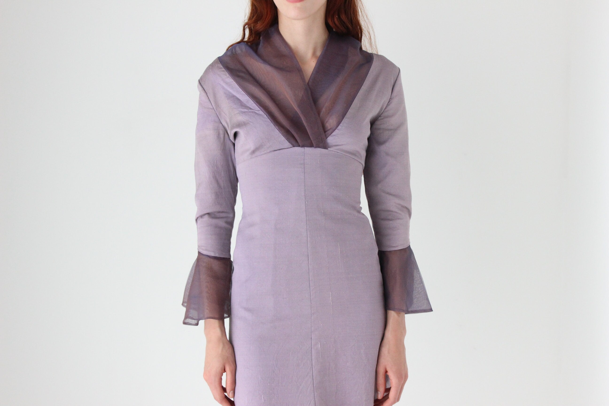 Handmade 80s Raw Silk Long Sleeve Dress w/ Organza Collar and Frill Sleeves