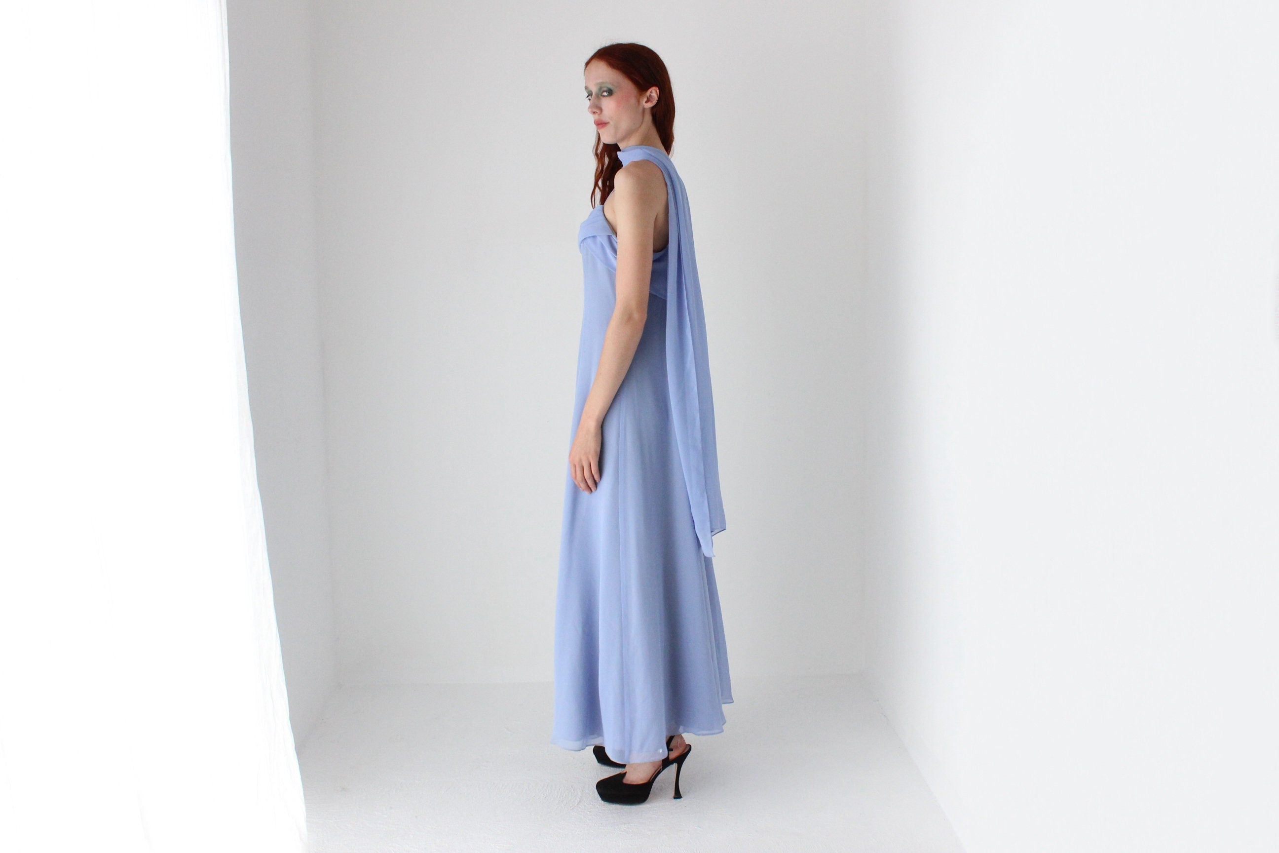 90s Cornflower Blue Spaghetti Strap Prom Slip Dress w/ Shawl