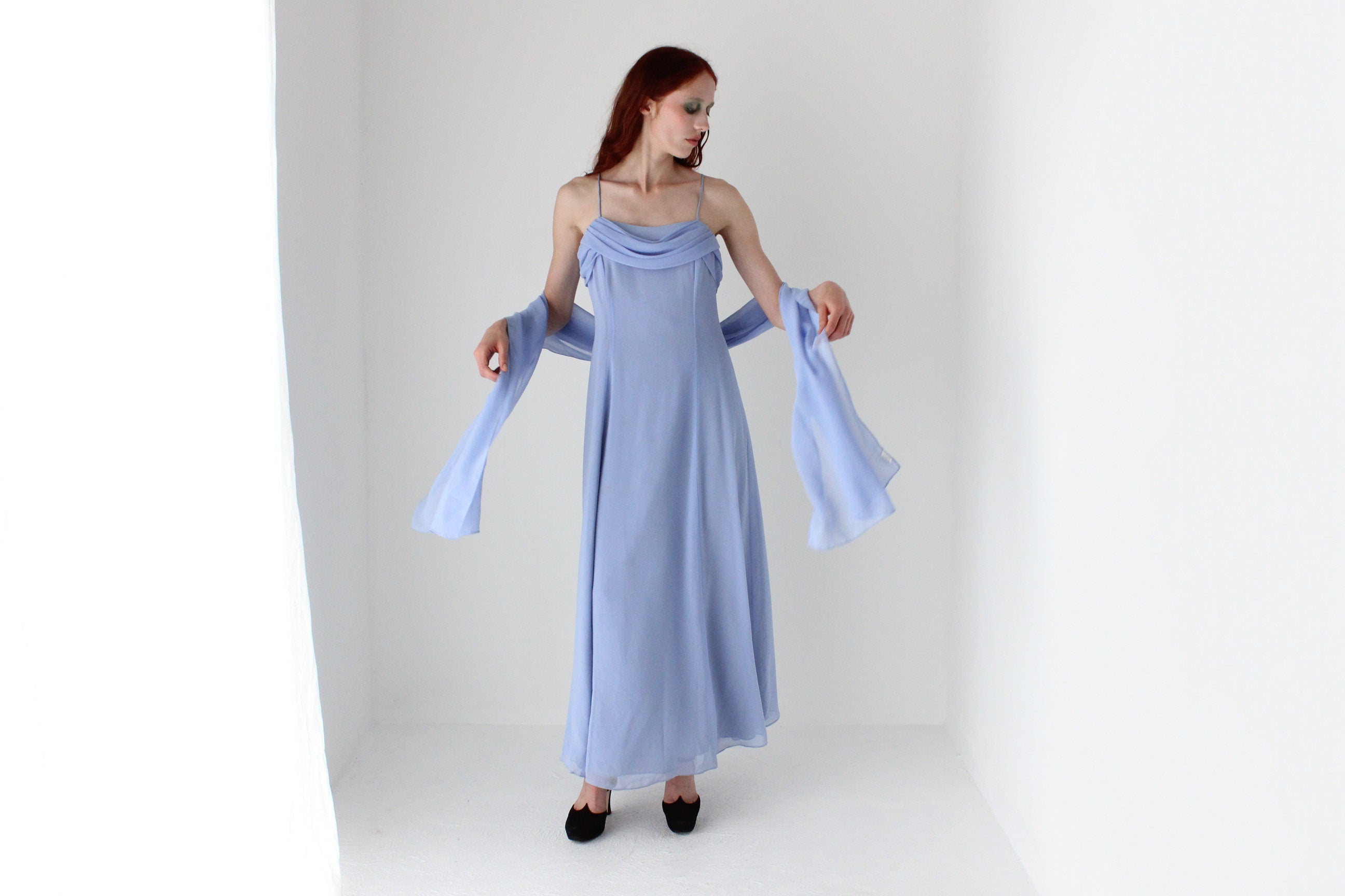 90s Cornflower Blue Spaghetti Strap Prom Slip Dress w/ Shawl