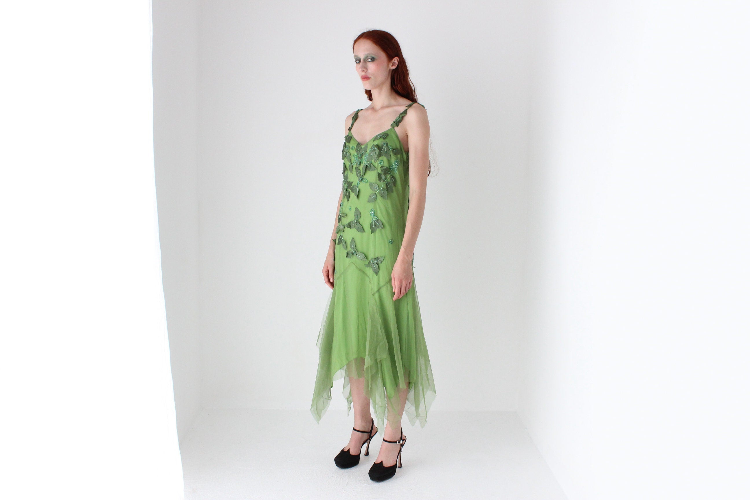 Y2K Wood Nymph Fairy Leaf & Beaded Mesh Dress