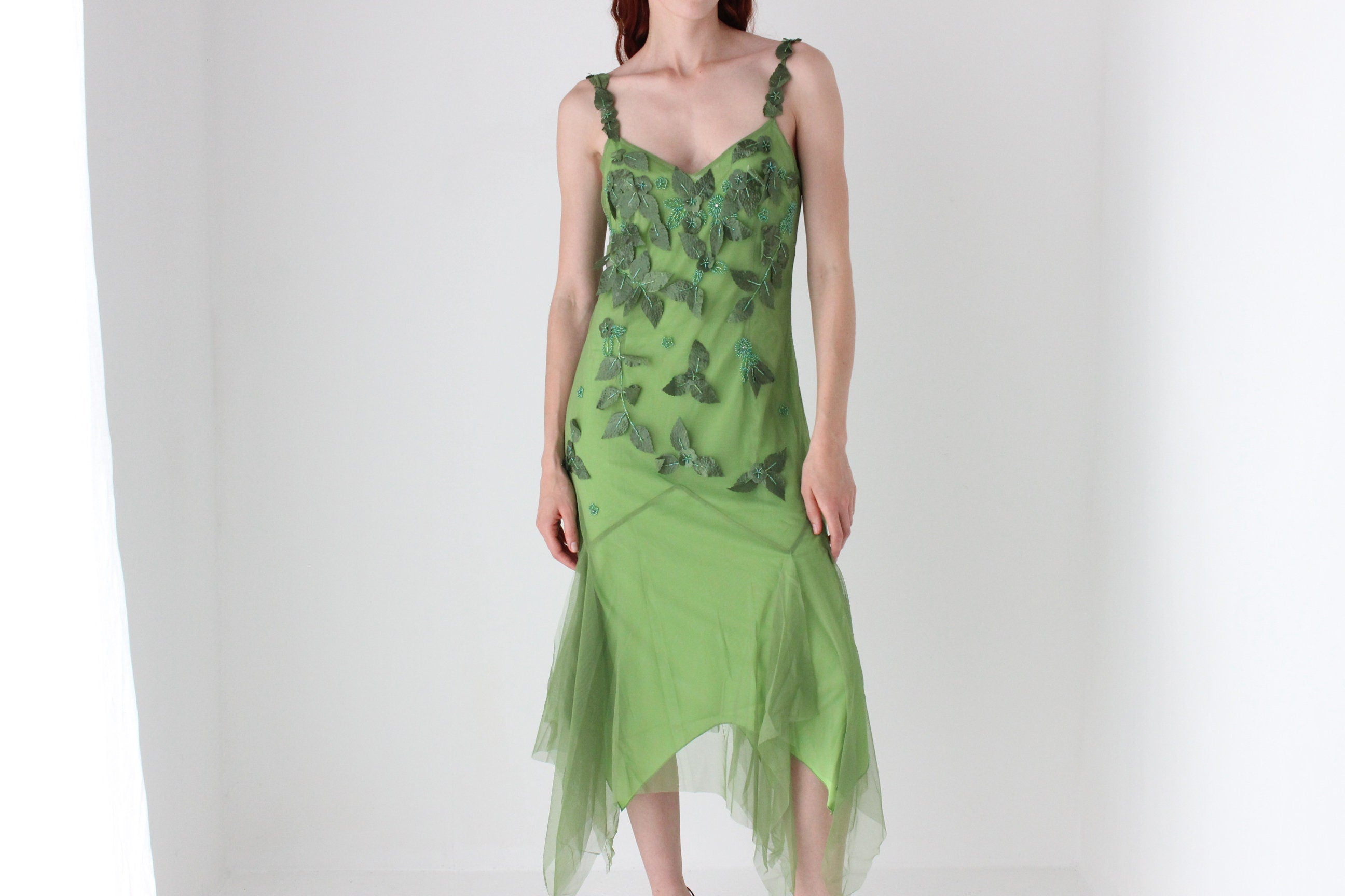 Y2K Wood Nymph Fairy Leaf & Beaded Mesh Dress