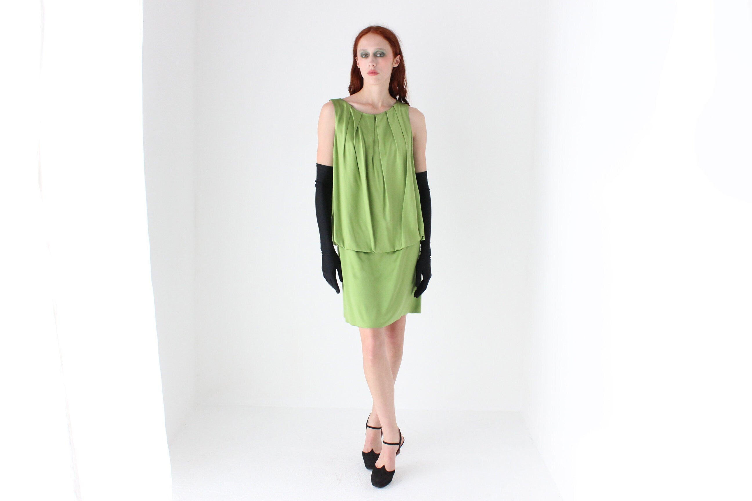 Y2K Vivienne Tam Green Silk Satin Sleeveless Shift Dress