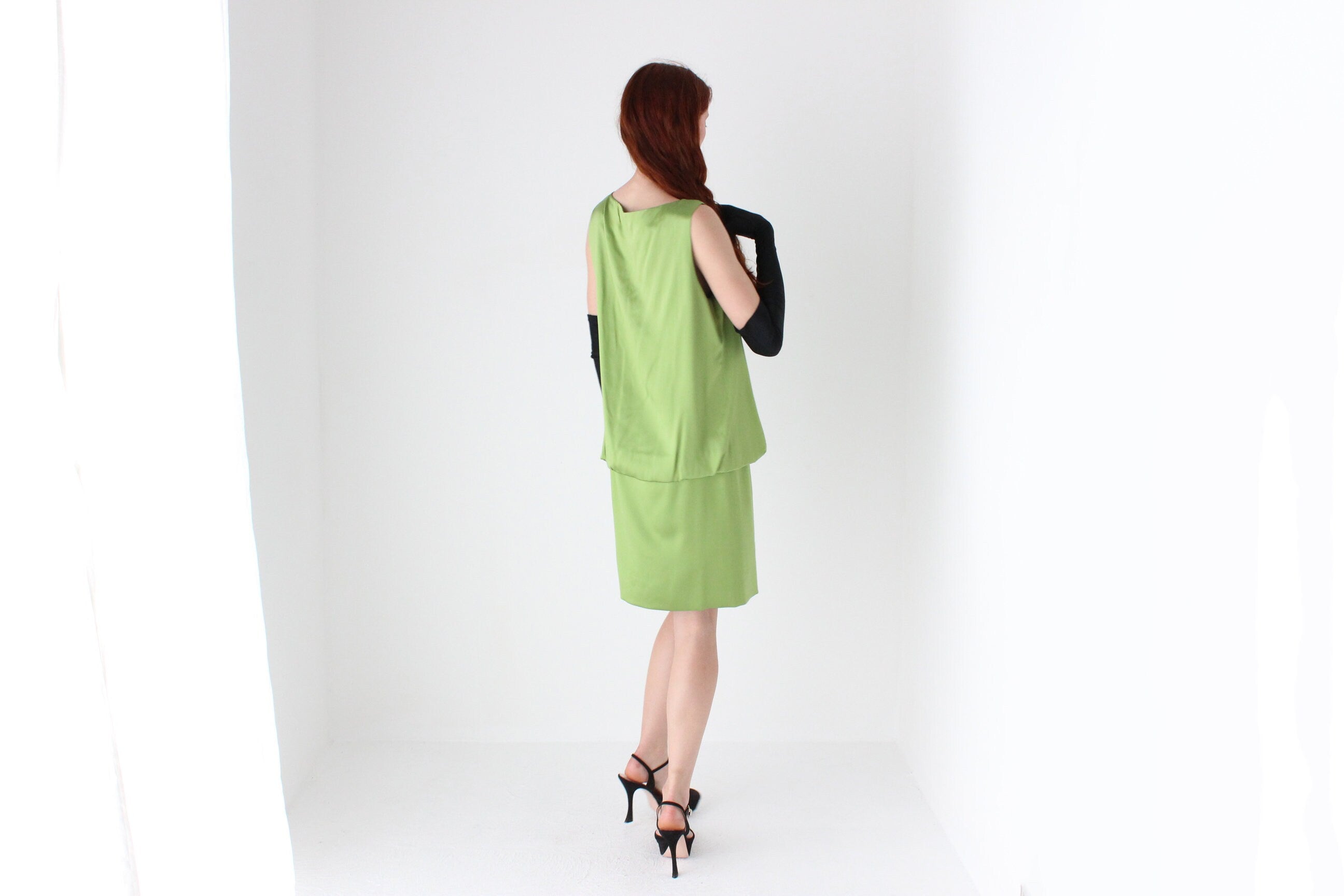 Y2K Vivienne Tam Green Silk Satin Sleeveless Shift Dress