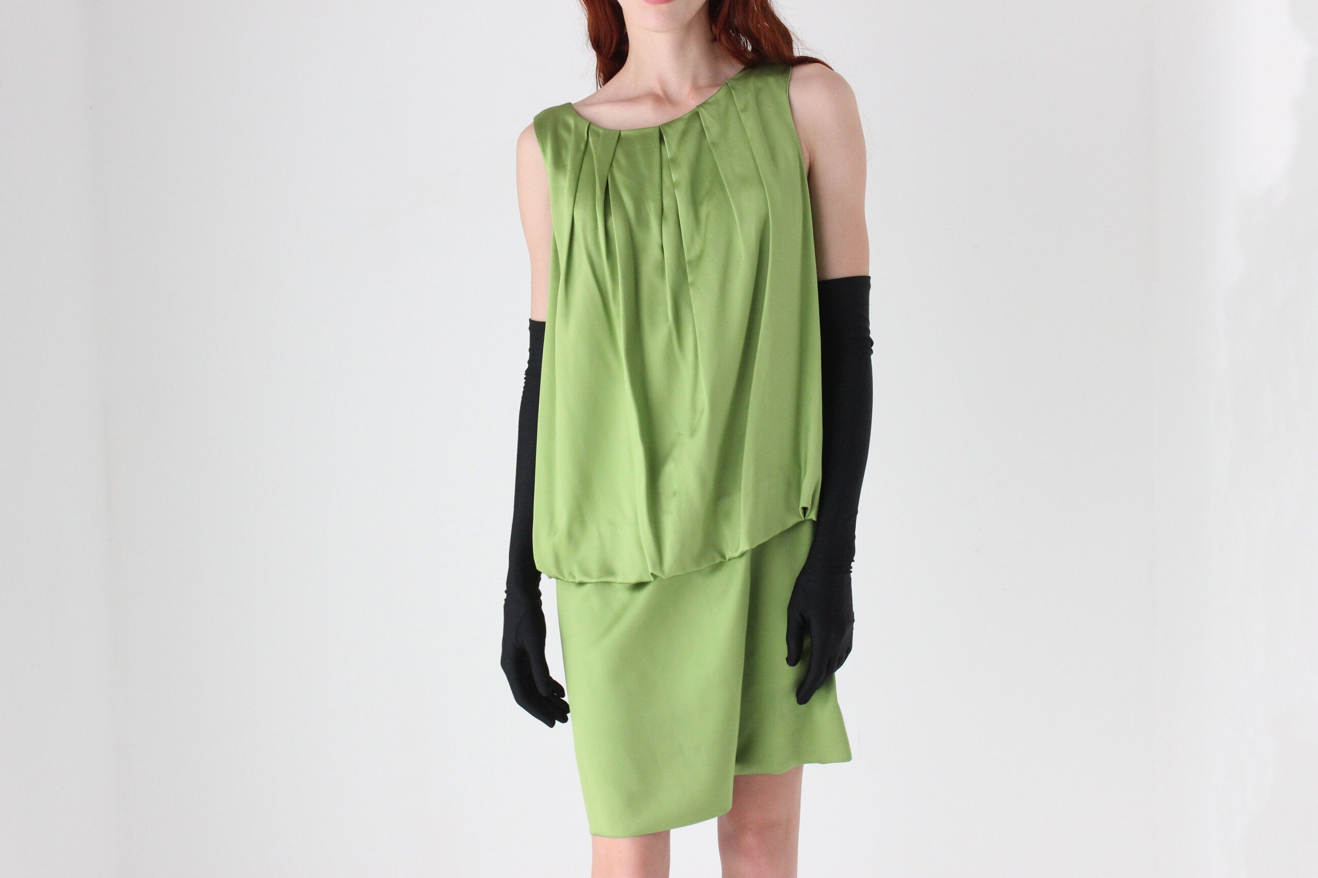 Y2K Vivienne Tam Green Silk Satin Sleeveless Shift Dress