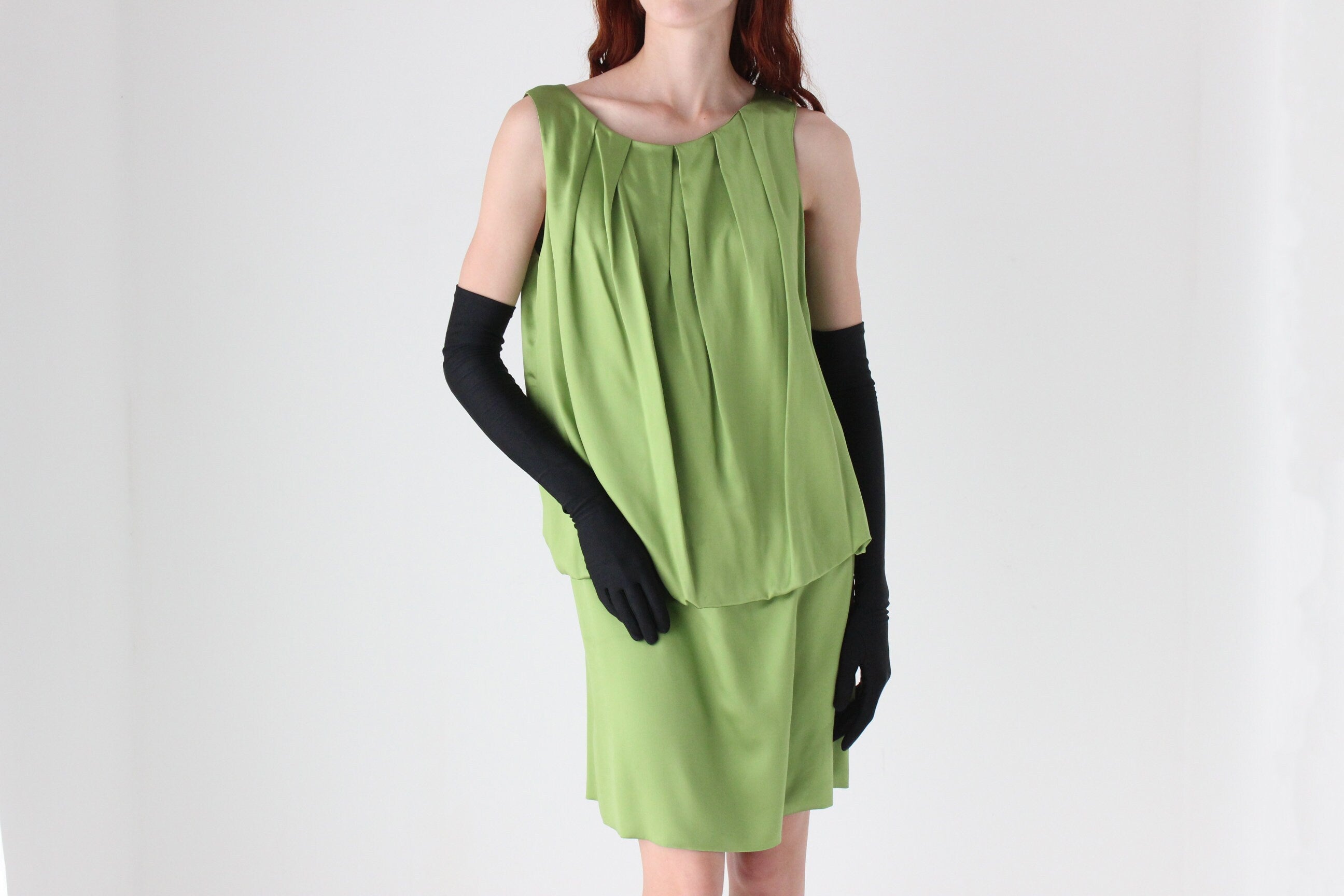 Y2K Vivienne Tam Green Silk Satin Sleeveless Shift Dress