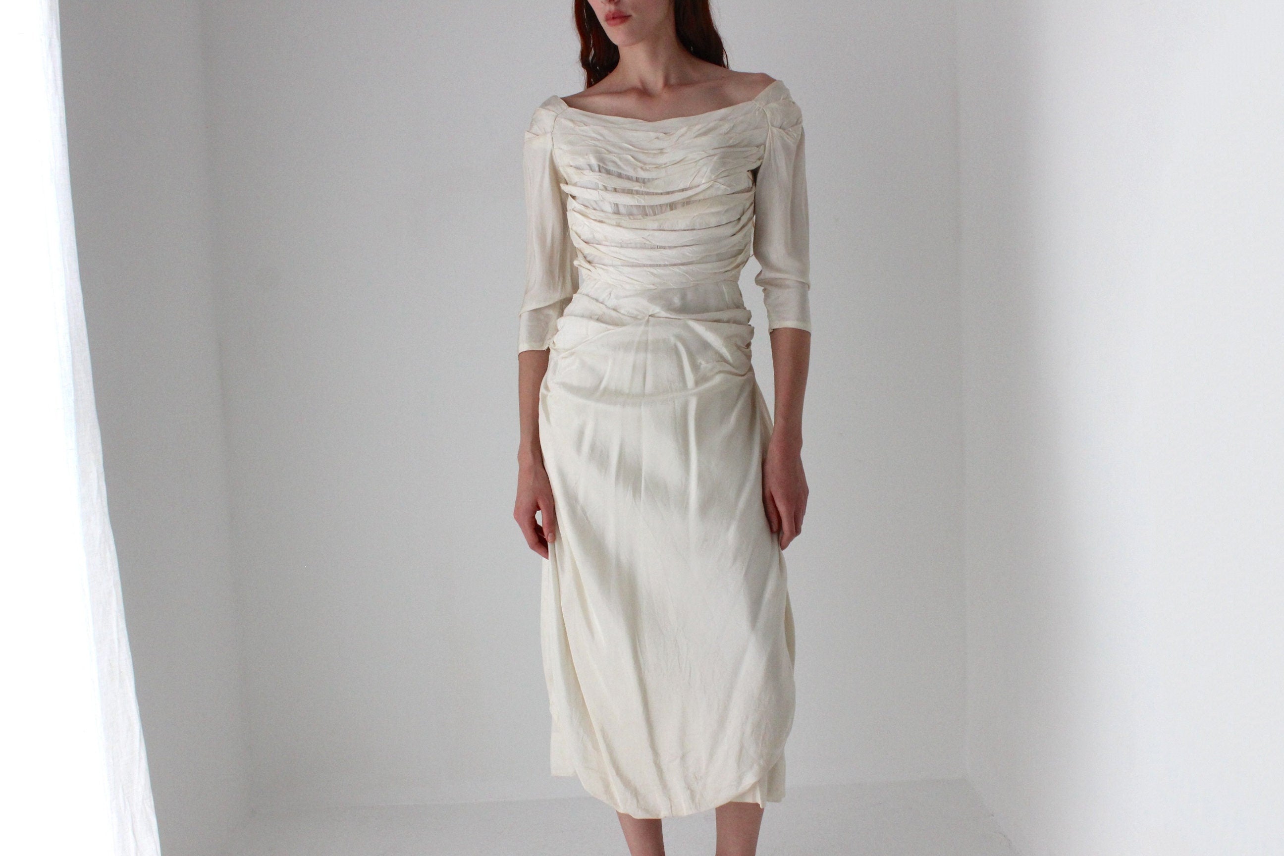 Antique 1930s Gathered, Textural, Characterful Fitted Vintage Wedding Dress