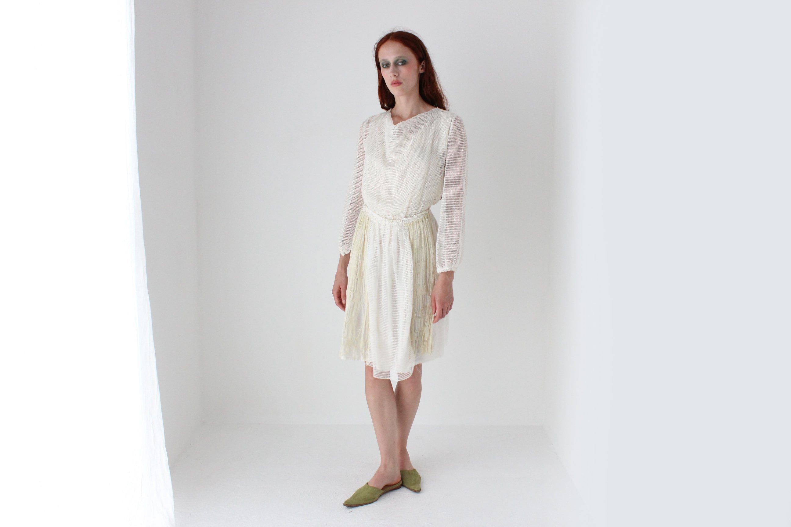 1970s Handmade Greek Textural Crochet Cotton Artist Dress