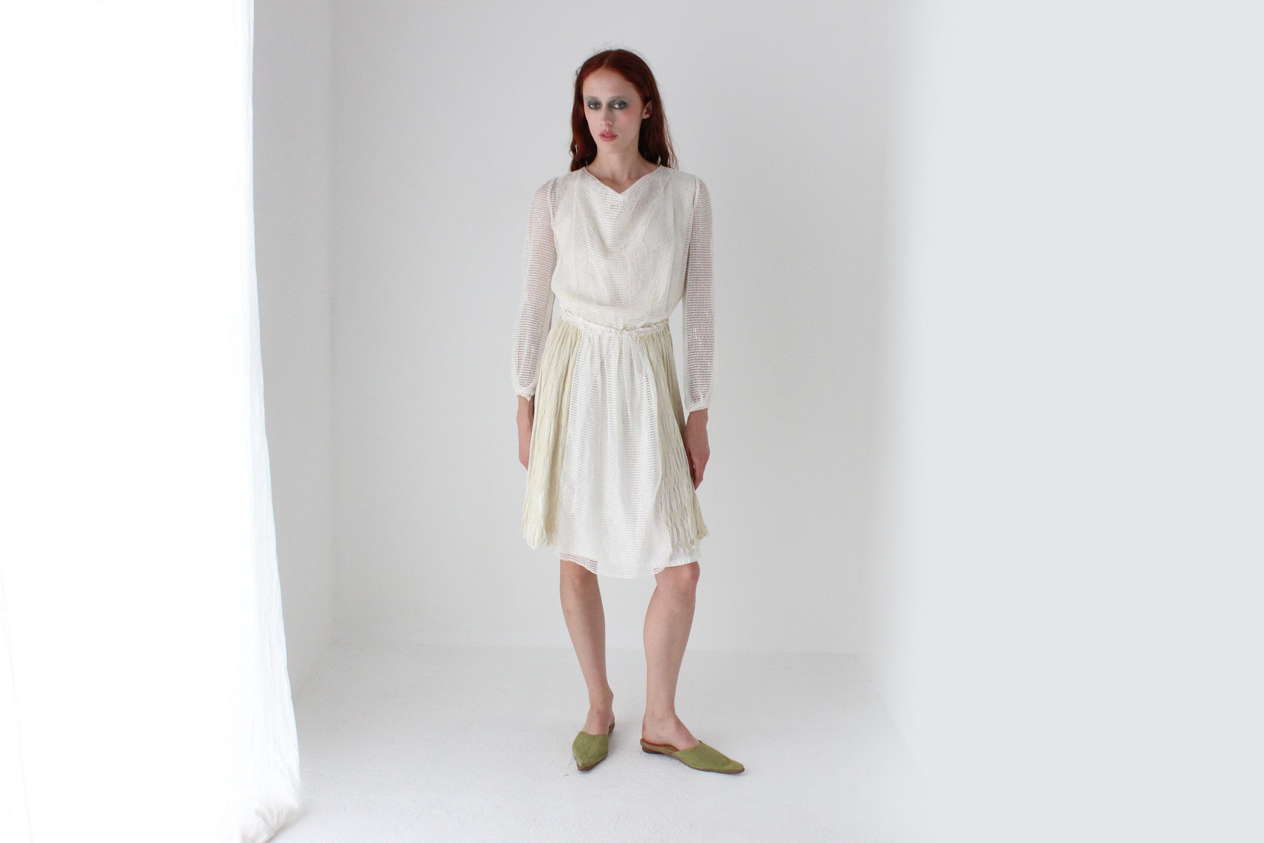 1970s Handmade Greek Textural Crochet Cotton Artist Dress