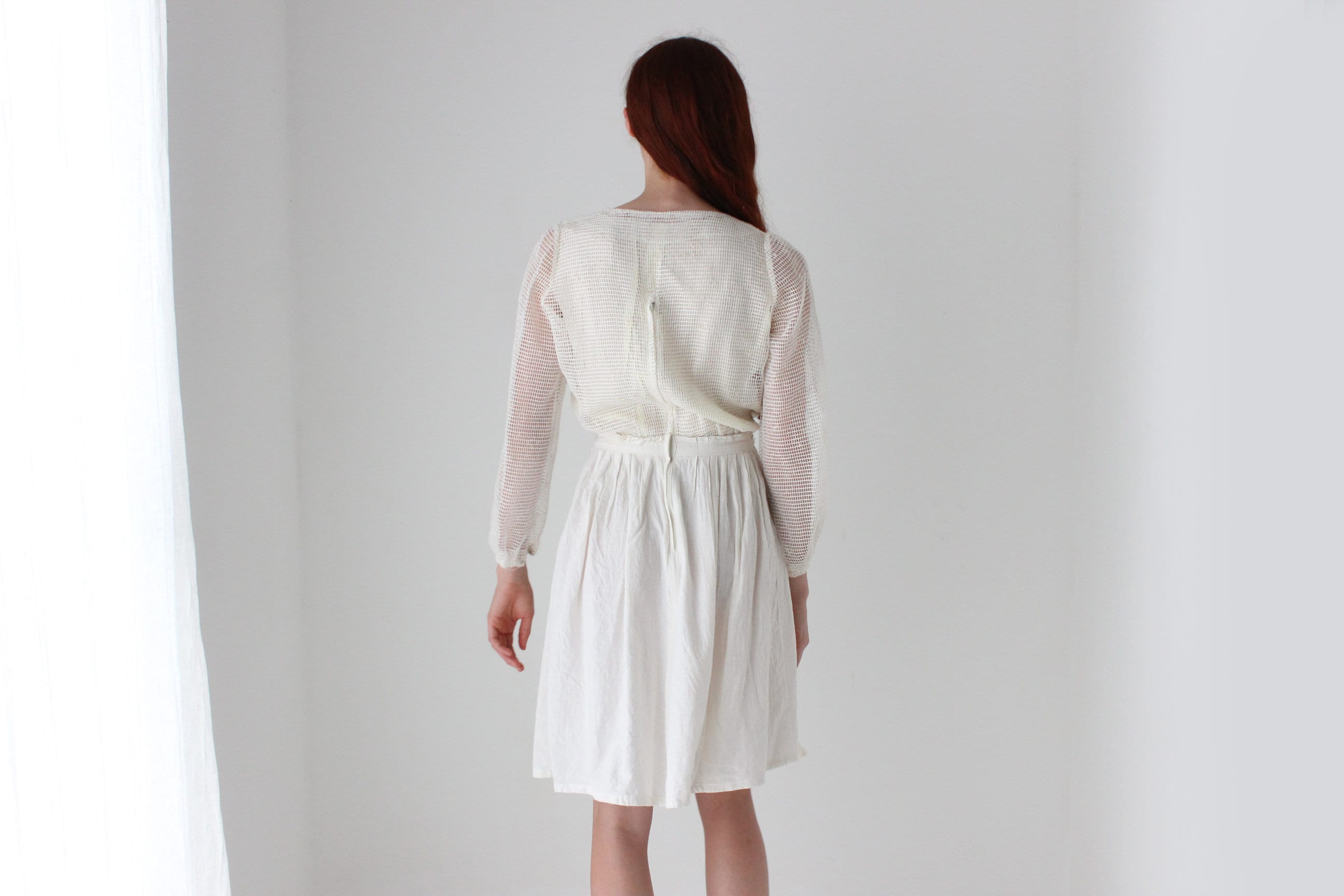 1970s Handmade Greek Textural Crochet Cotton Artist Dress