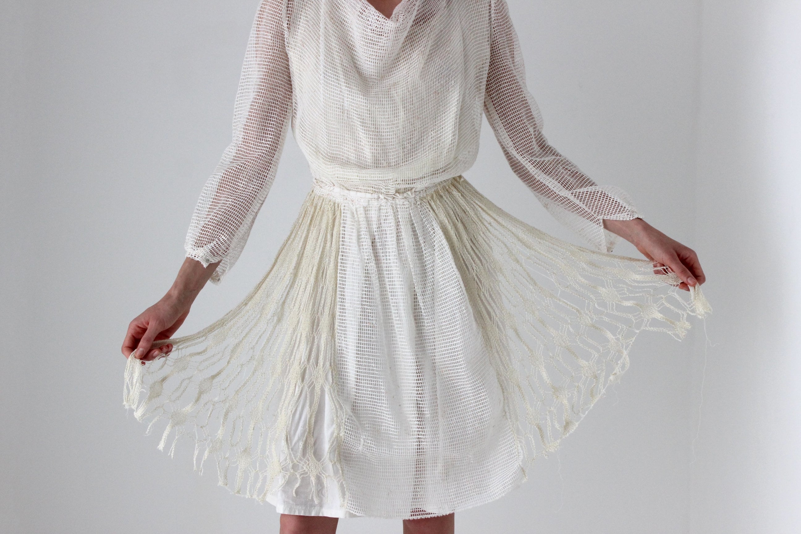 1970s Handmade Greek Textural Crochet Cotton Artist Dress