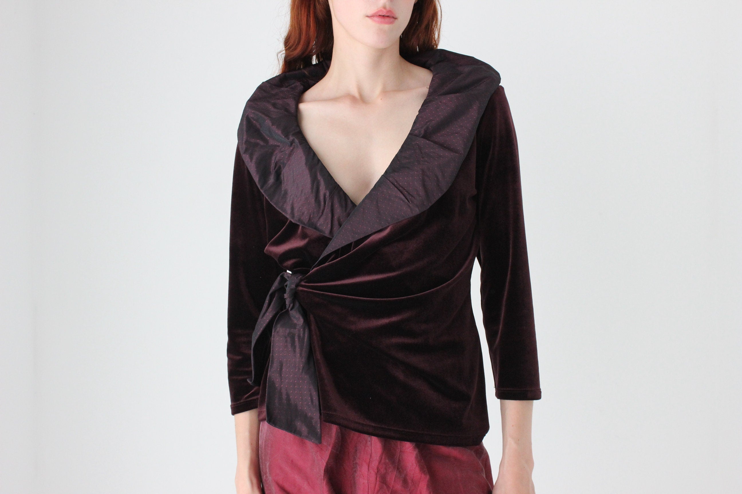 Regal 90s Velvet & Taffeta Collar Plunge Neck 'Wrap' Top