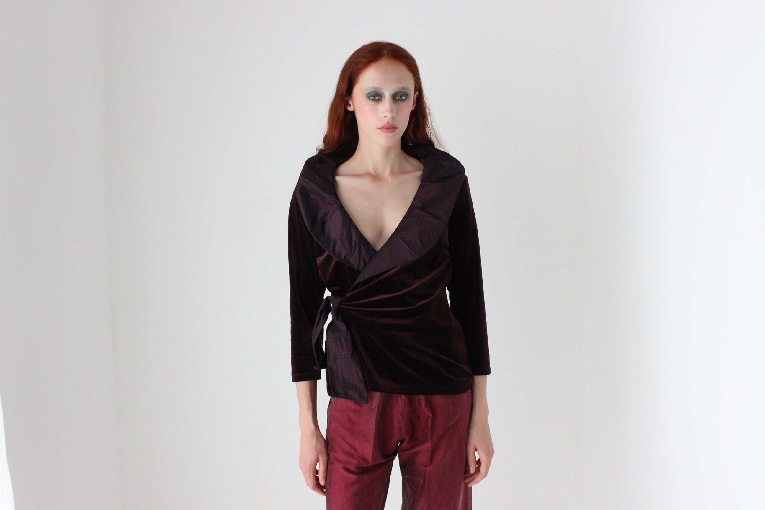 Regal 90s Velvet & Taffeta Collar Plunge Neck 'Wrap' Top