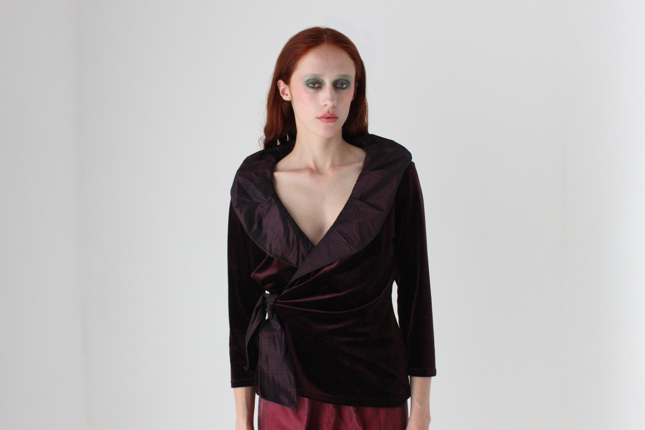 Regal 90s Velvet & Taffeta Collar Plunge Neck 'Wrap' Top