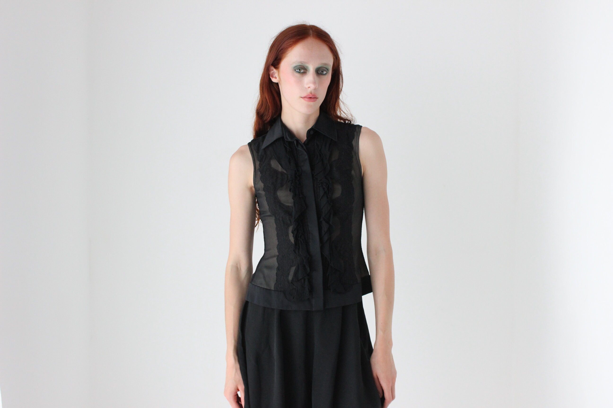 90s 'Sheer Illusion' Silk Georgette, Lace & Satin Waistcoat Vest Top