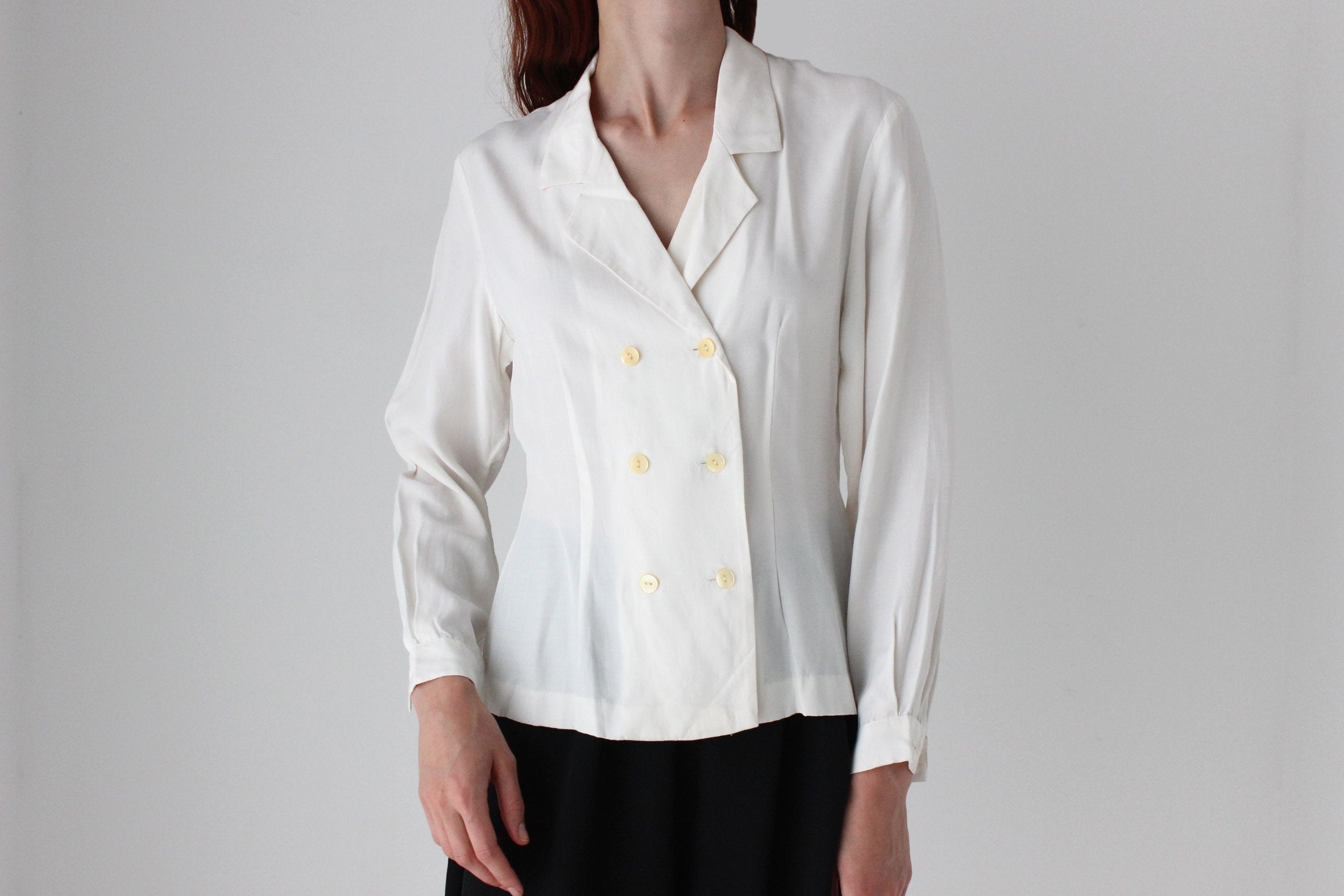 80s French Vintage Double Breasted V Neck Blouse by Michel René