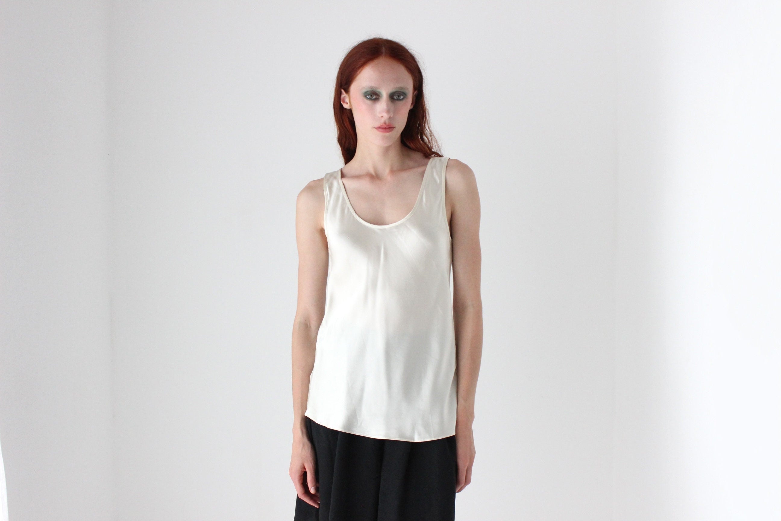 90s Cream PURE SILK Sleeveless Scoop Neck Bias Cut Top