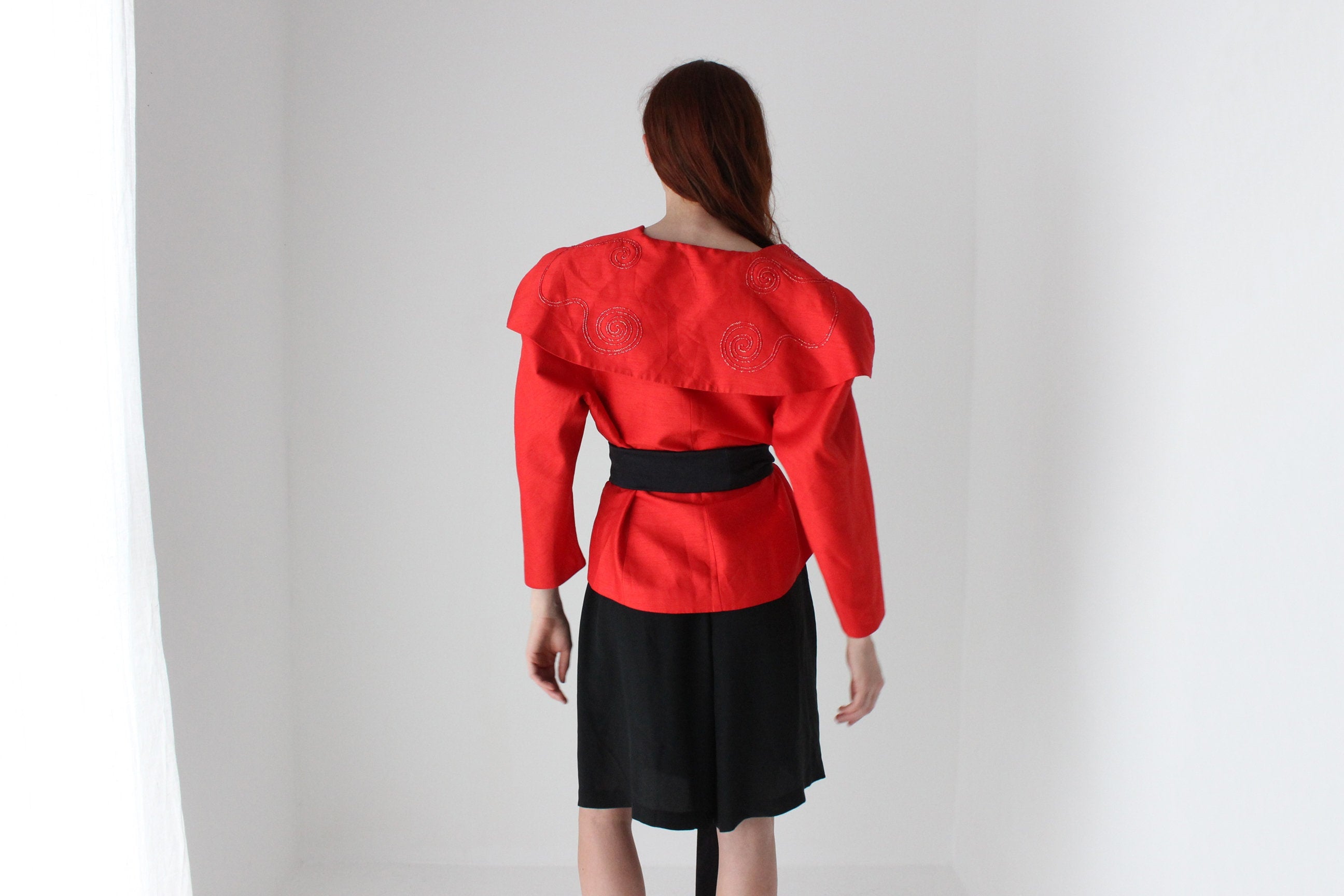 80s Raw Silk Look Bold Shoulder Jacket Top