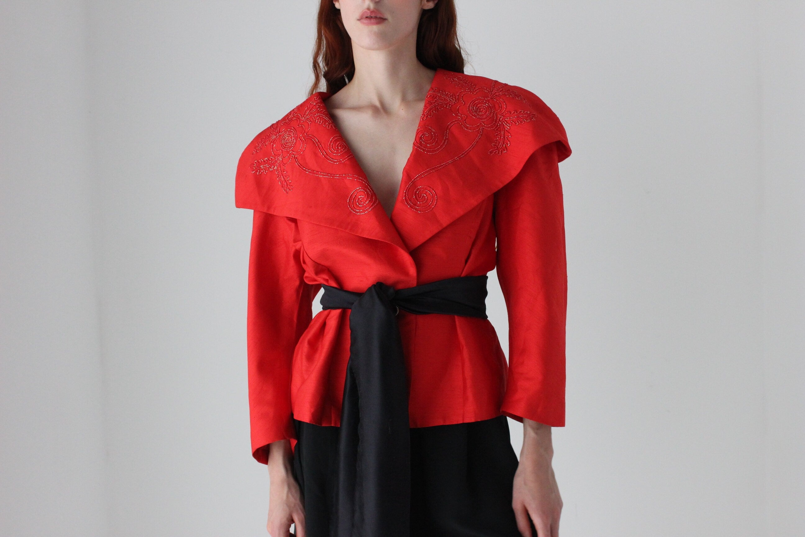 80s Raw Silk Look Bold Shoulder Jacket Top