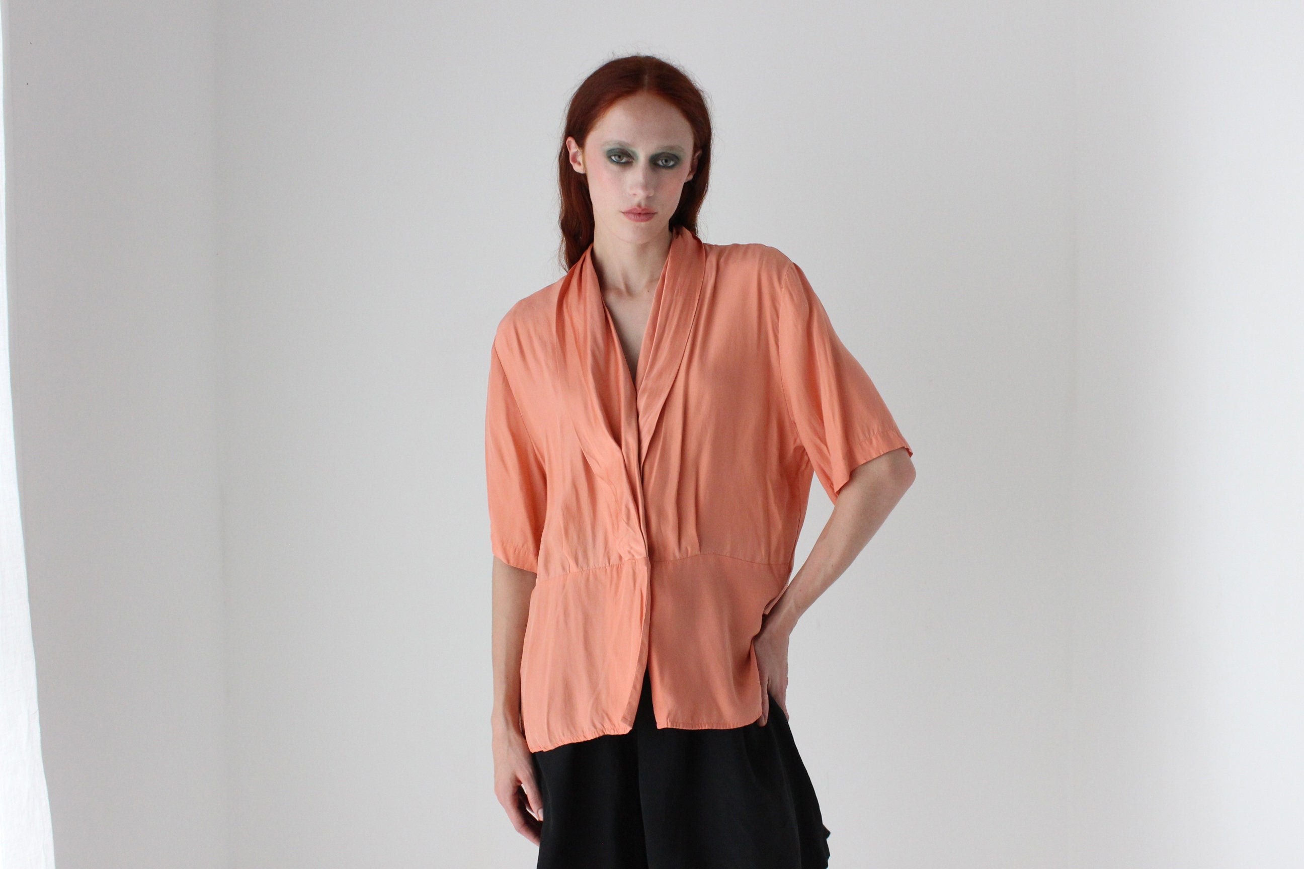 80s Pure Silk Shawl Collar Short Sleeve Blouse