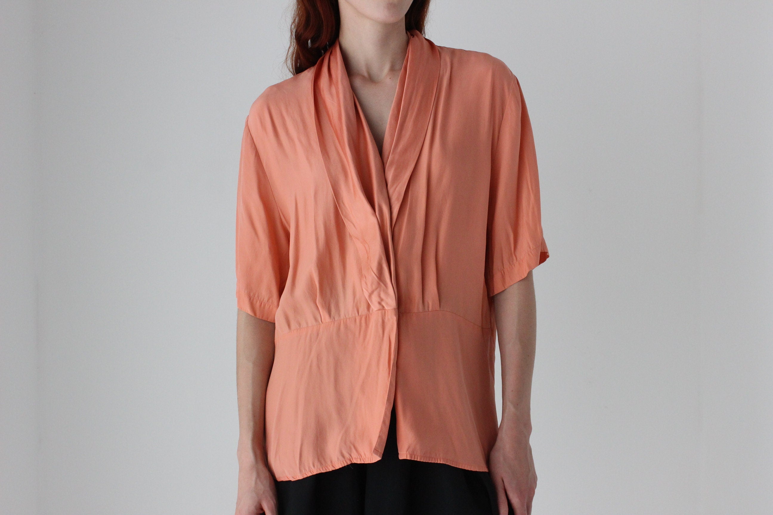 80s Pure Silk Shawl Collar Short Sleeve Blouse