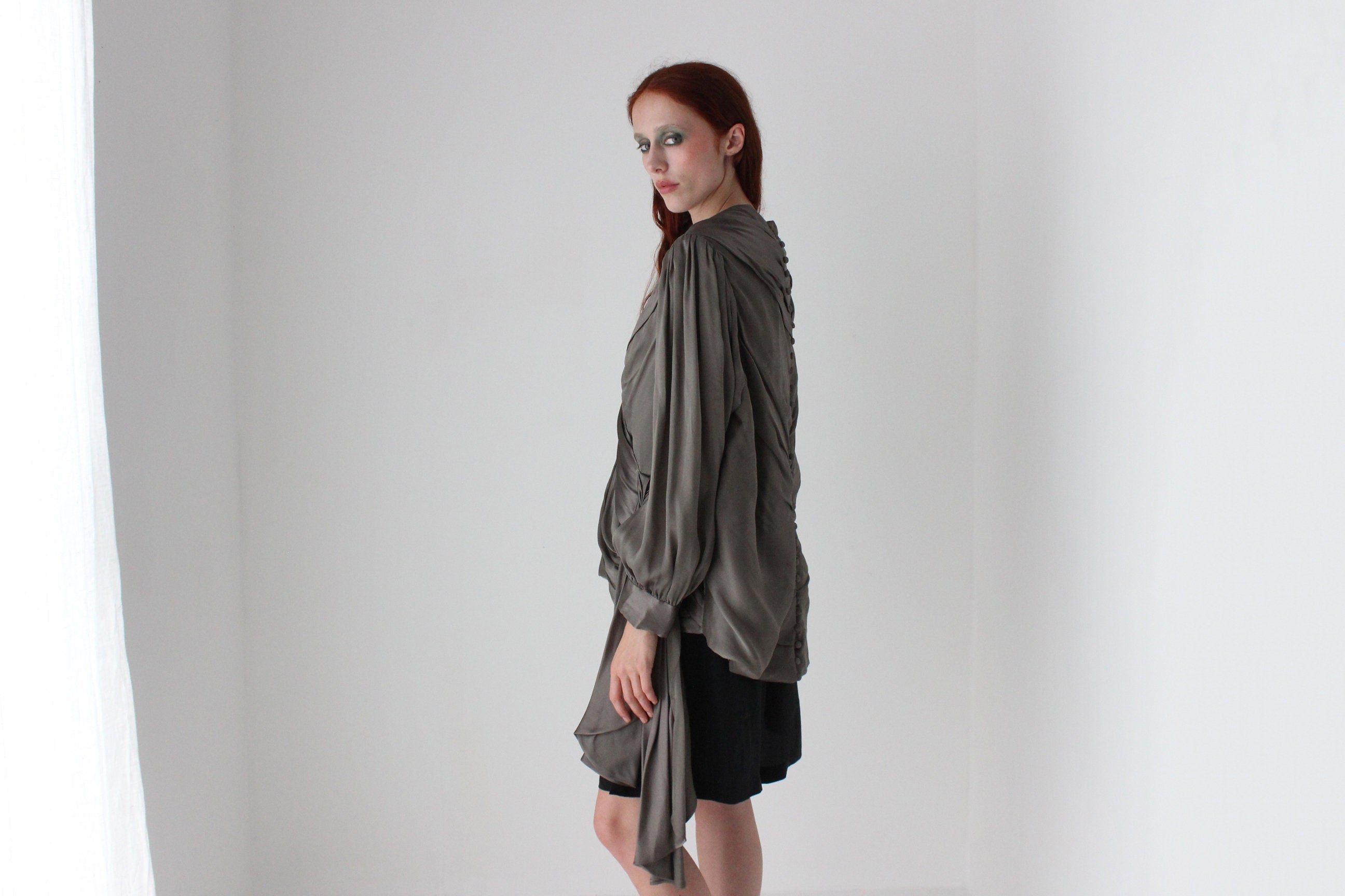 80s Louise Alverez Draped & Layered Silk Poet Sleeve Top