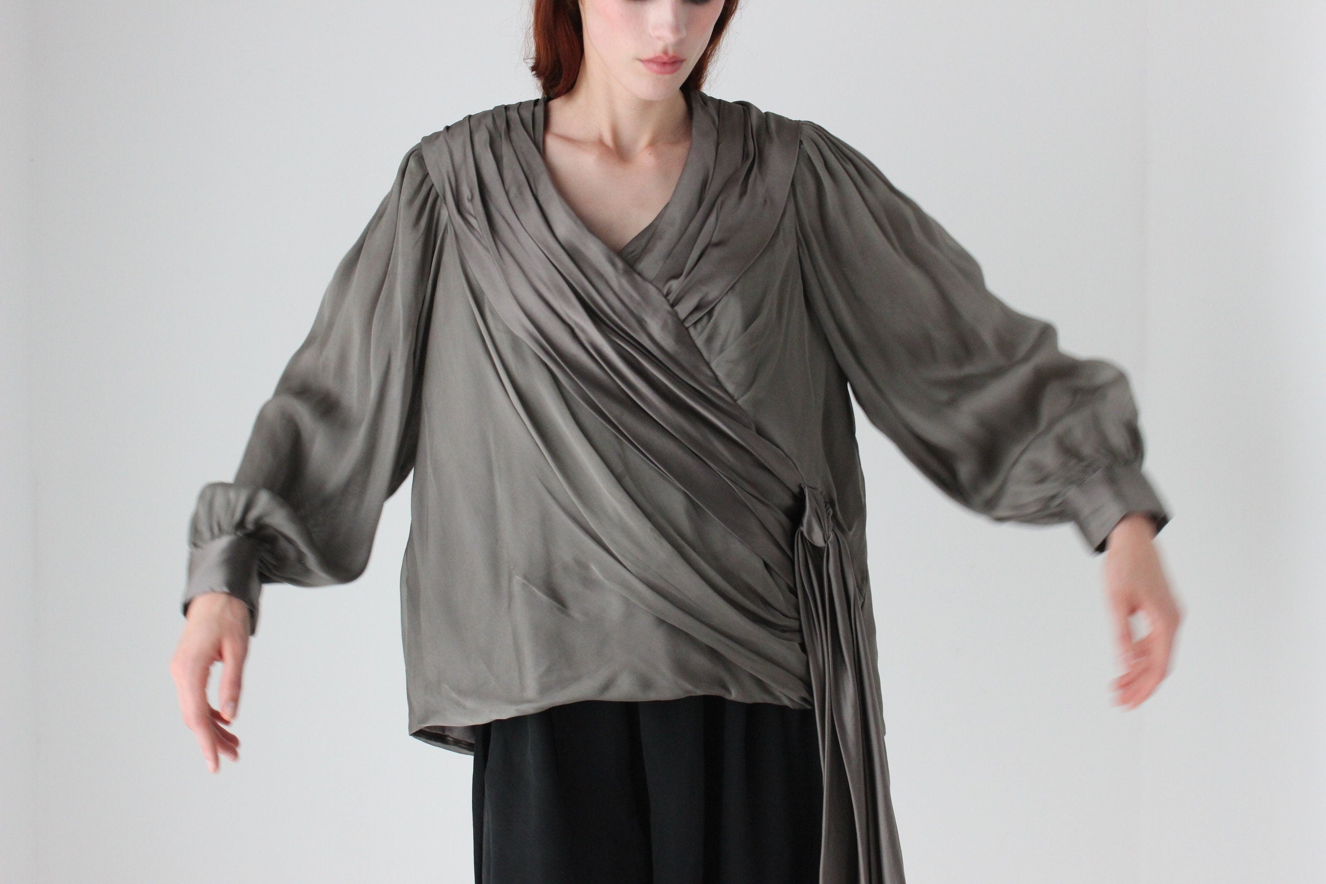 80s Louise Alverez Draped & Layered Silk Poet Sleeve Top