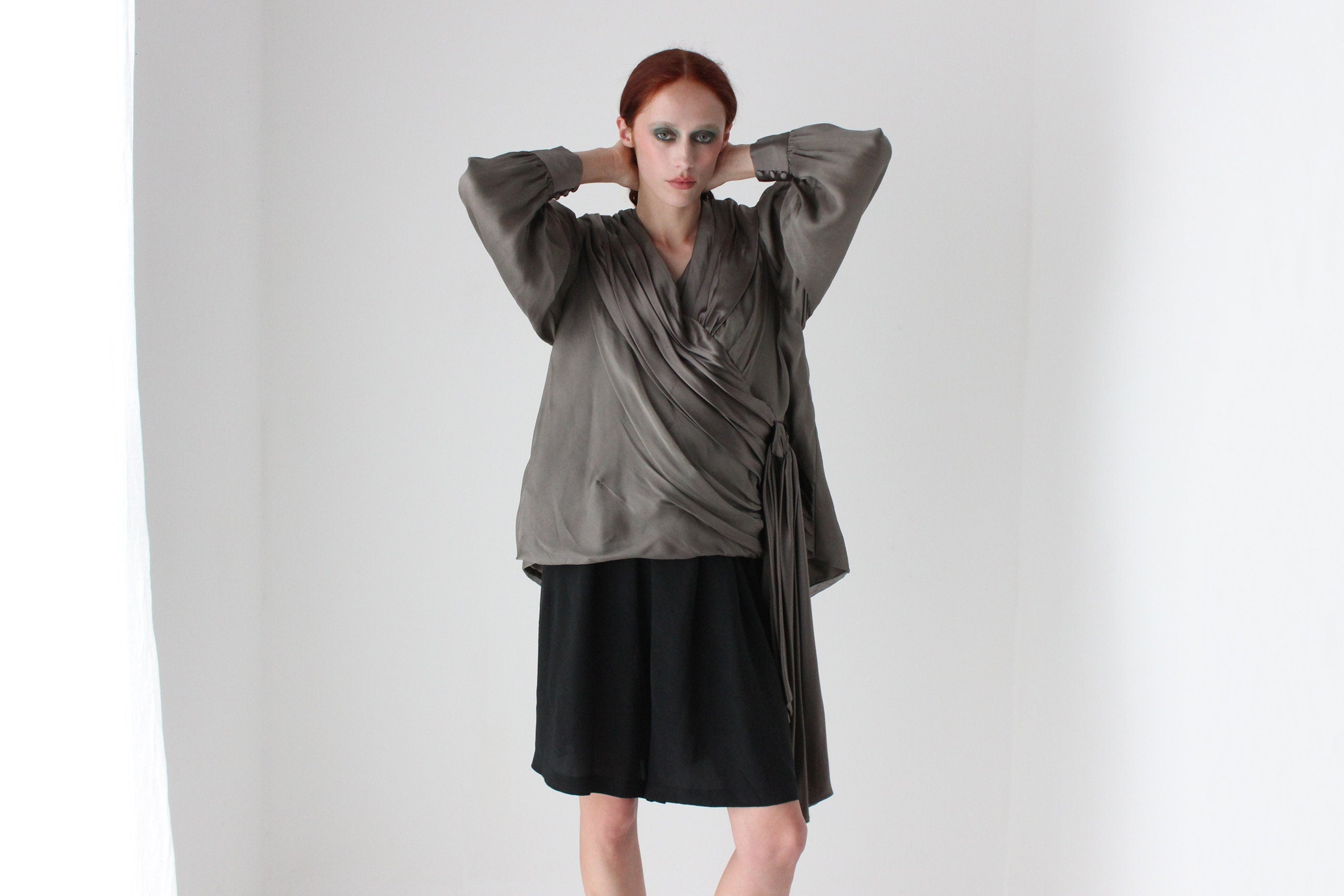 80s Louise Alverez Draped & Layered Silk Poet Sleeve Top