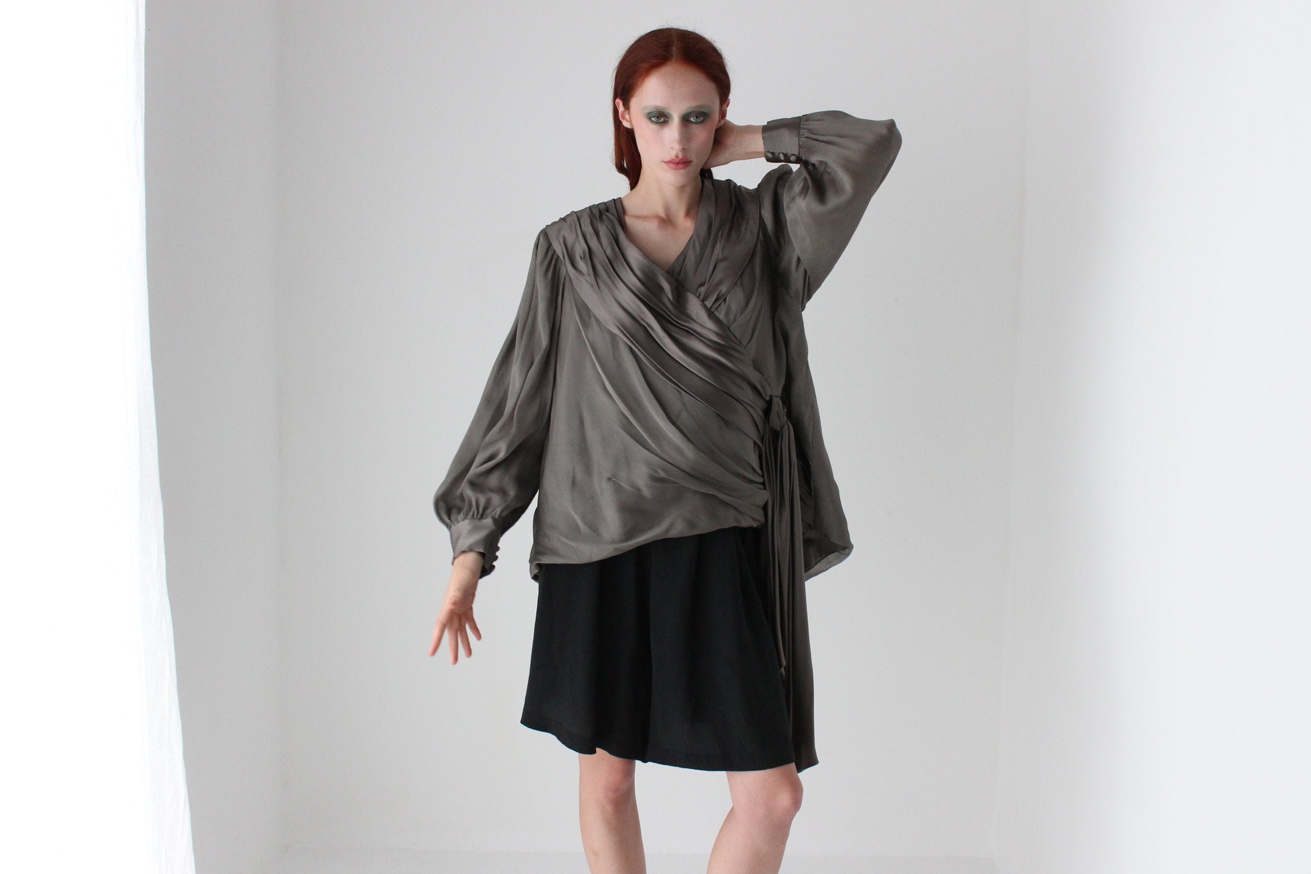 80s Louise Alverez Draped & Layered Silk Poet Sleeve Top