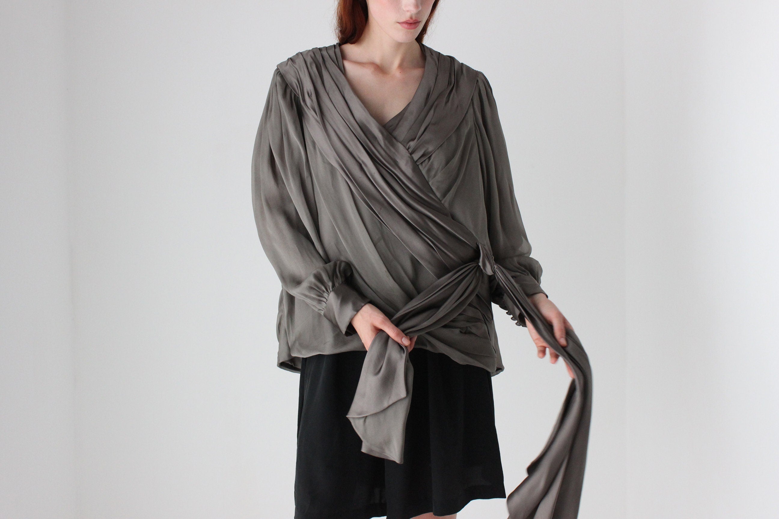 80s Louise Alverez Draped & Layered Silk Poet Sleeve Top