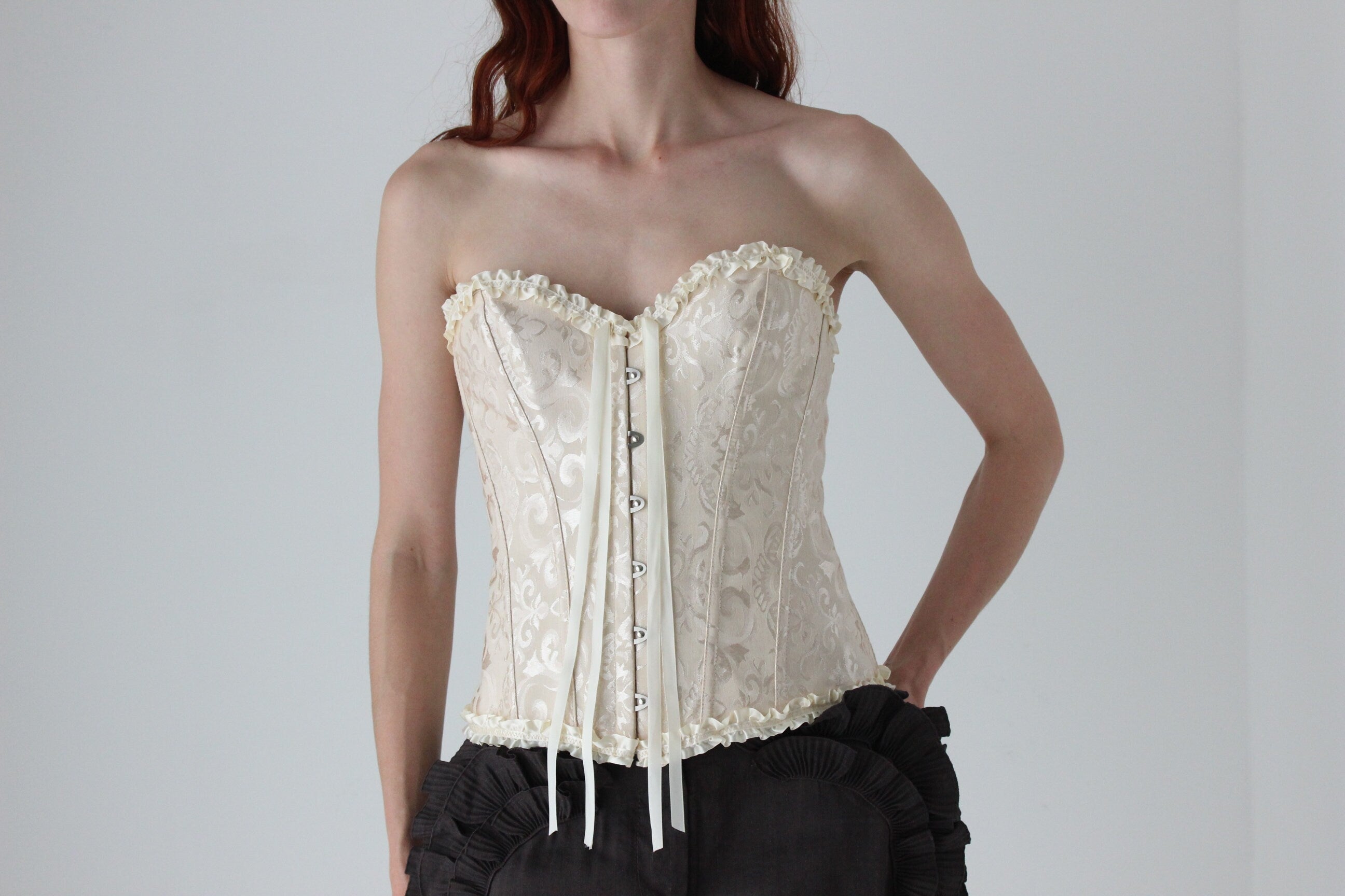 Y2K Cream Jacquard & Ruffle Strapless Boned Corset